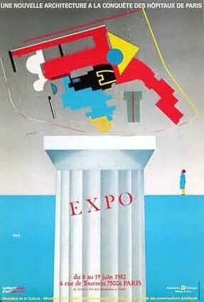 Affiche sérigraphiée Razzia, Hospitaux Paris, exposition d'architecture, 1982