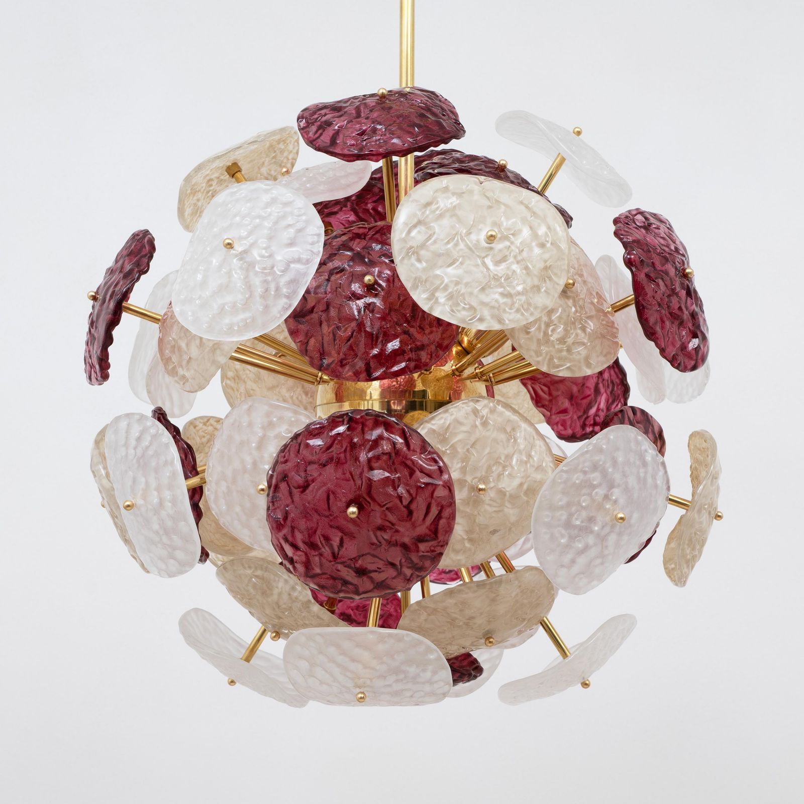 Murano Glas Sputnik Kroonluchter Kersenrood, Wit en Champagne, Messing Constructie photo 8114.0