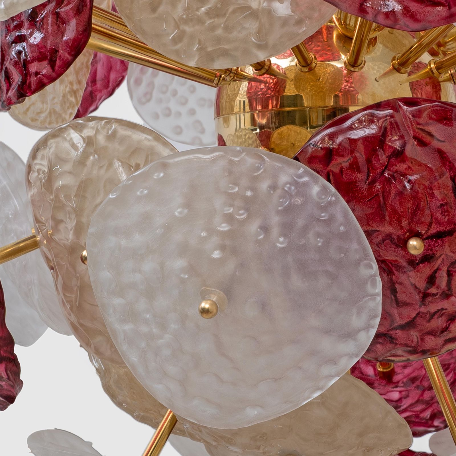 Murano Glass Sputnik Chandelier Cherry Red, White And Champagne, Brass Structure photo vintage