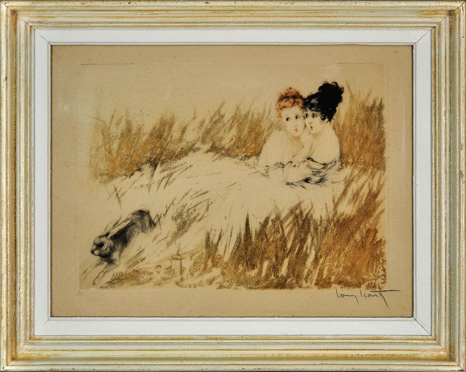 Louis Icart 1888 - 1950. Frans. Scared. Ingelijste handgekleurde ets, ca. 1920. The Belle Epoque Scandalous Flirtation. Art Deco.