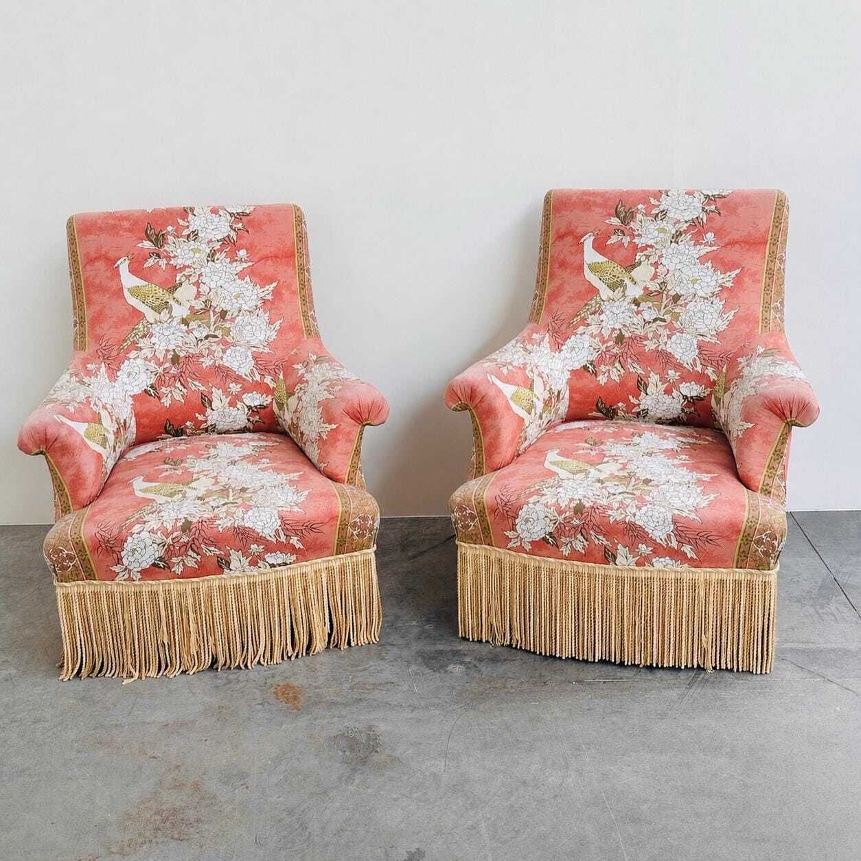 Exquisite Pair Of Upholstered Slipper Lounge Chairs Depicting Pheasants And Peonies , 1970s