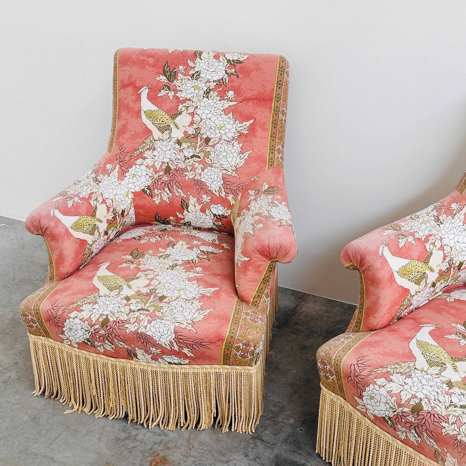 Exquisite Pair Of Upholstered Slipper Lounge Chairs Depicting Pheasants And Peonies , 1970s photo for sale