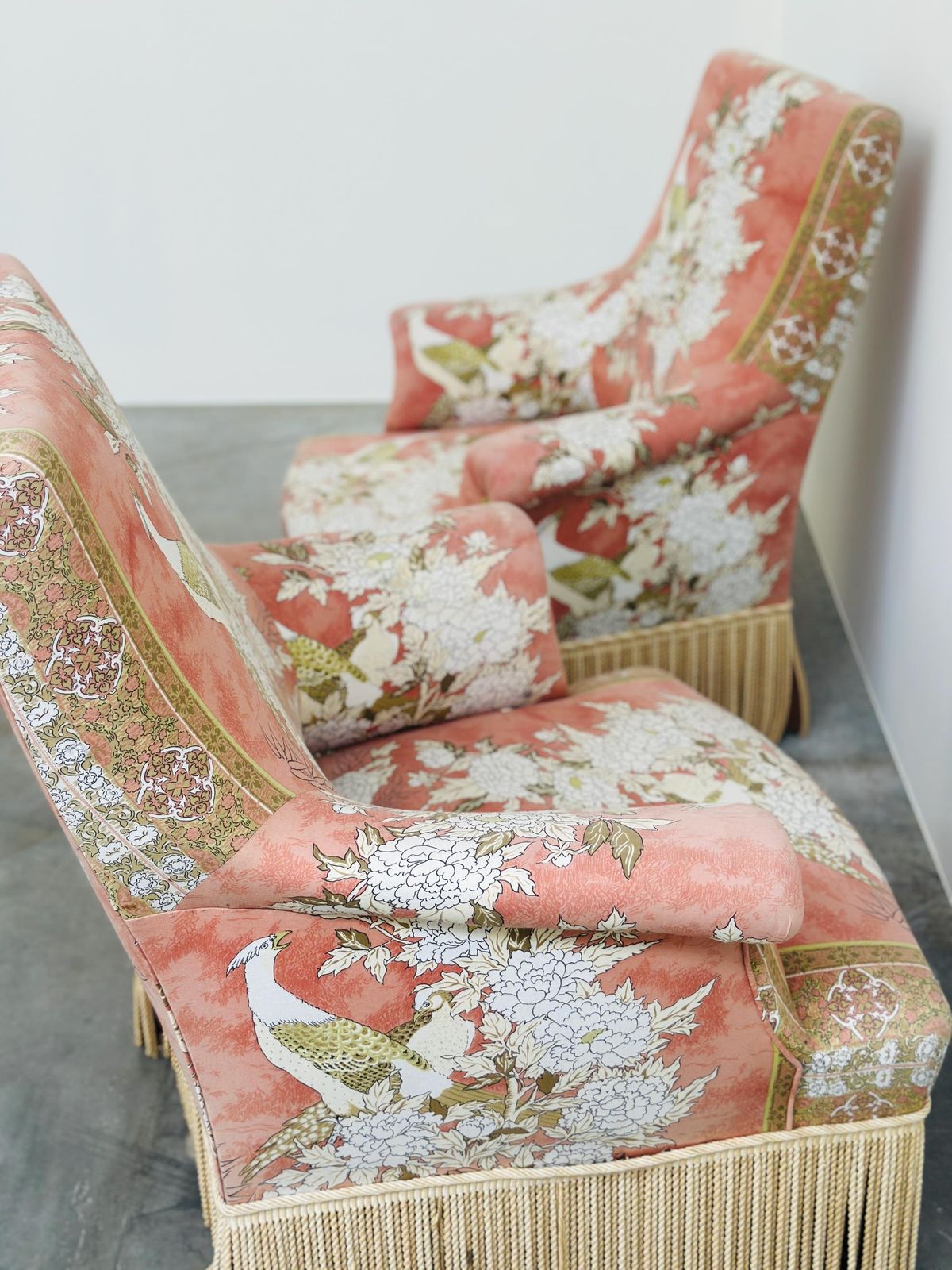 photo furniture Exquisite Pair Of Upholstered Slipper Lounge Chairs Depicting Pheasants And Peonies , 1970s