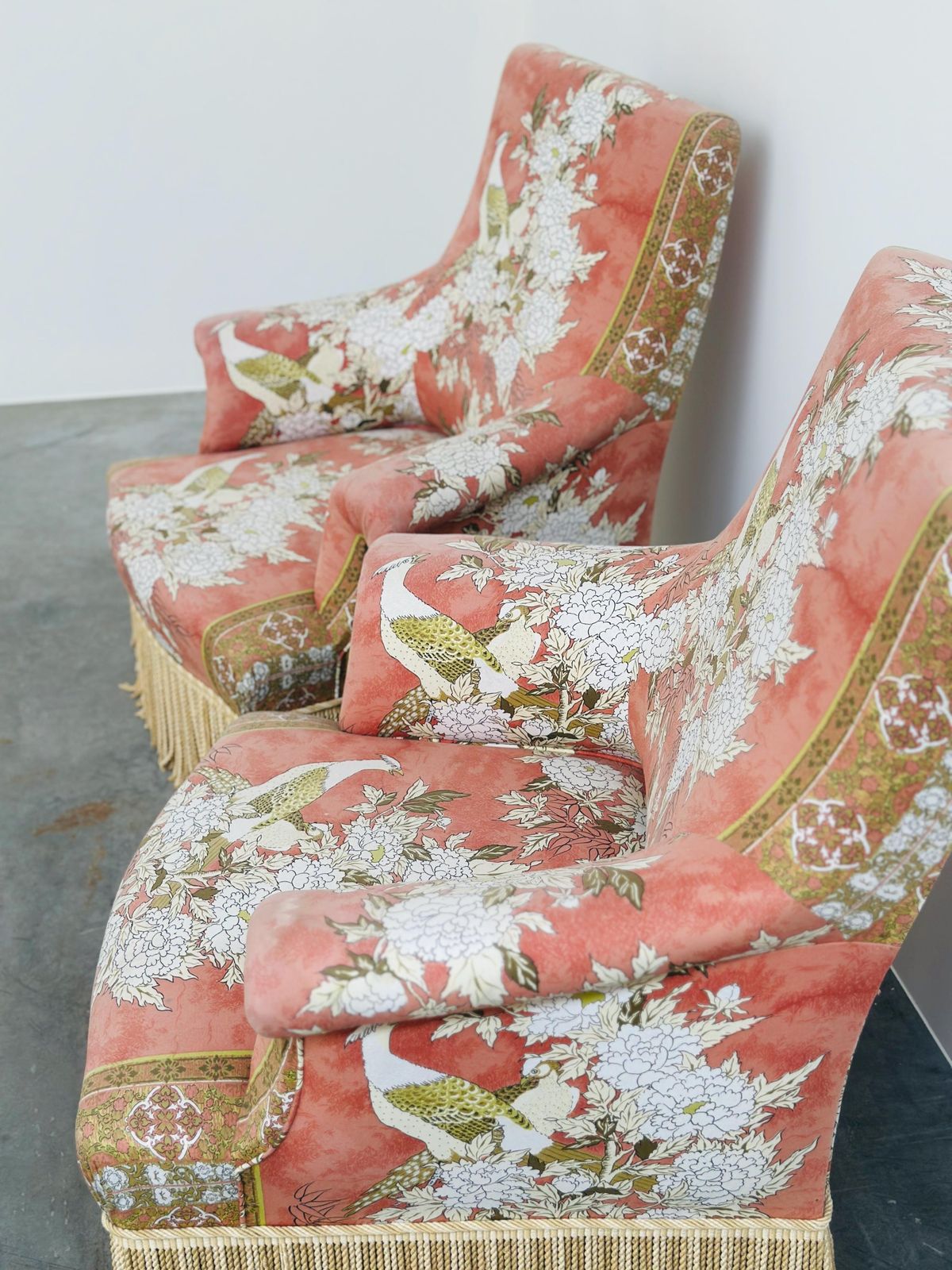 Furniture Exquisite Pair Of Upholstered Slipper Lounge Chairs Depicting Pheasants And Peonies , 1970s photo