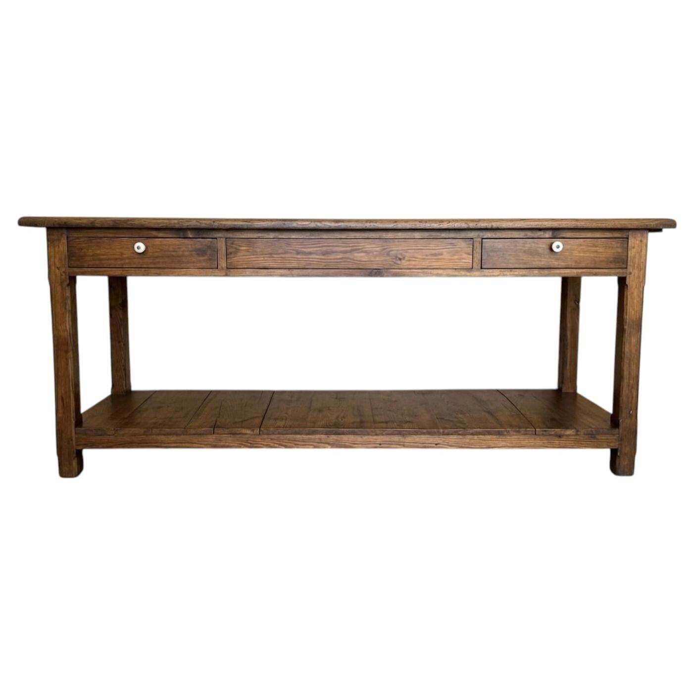 Large Walnut Wood Console Table With Two Drawers And Lower Shelf