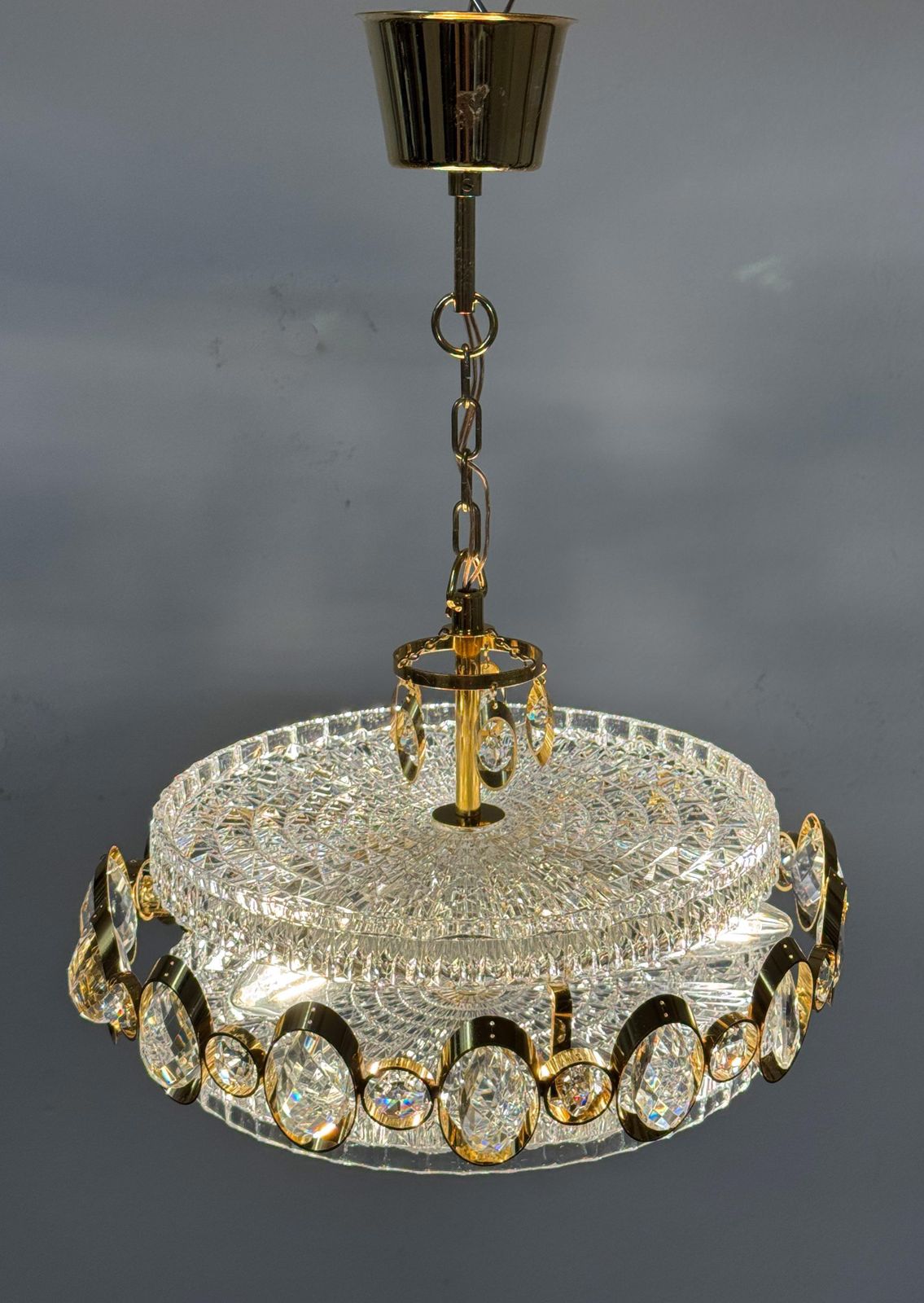 Lighting Goldplated Brass And Glass Chandelier By Orrefors From The 1960s photo