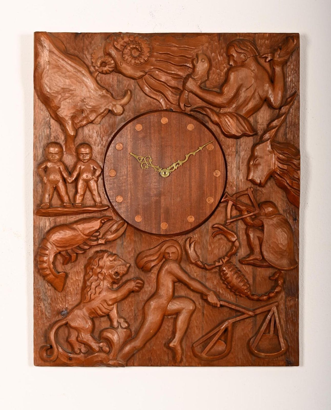 Hand Carved Wall Clock Signed B. Strid, Västervik, 1945 photo for sale