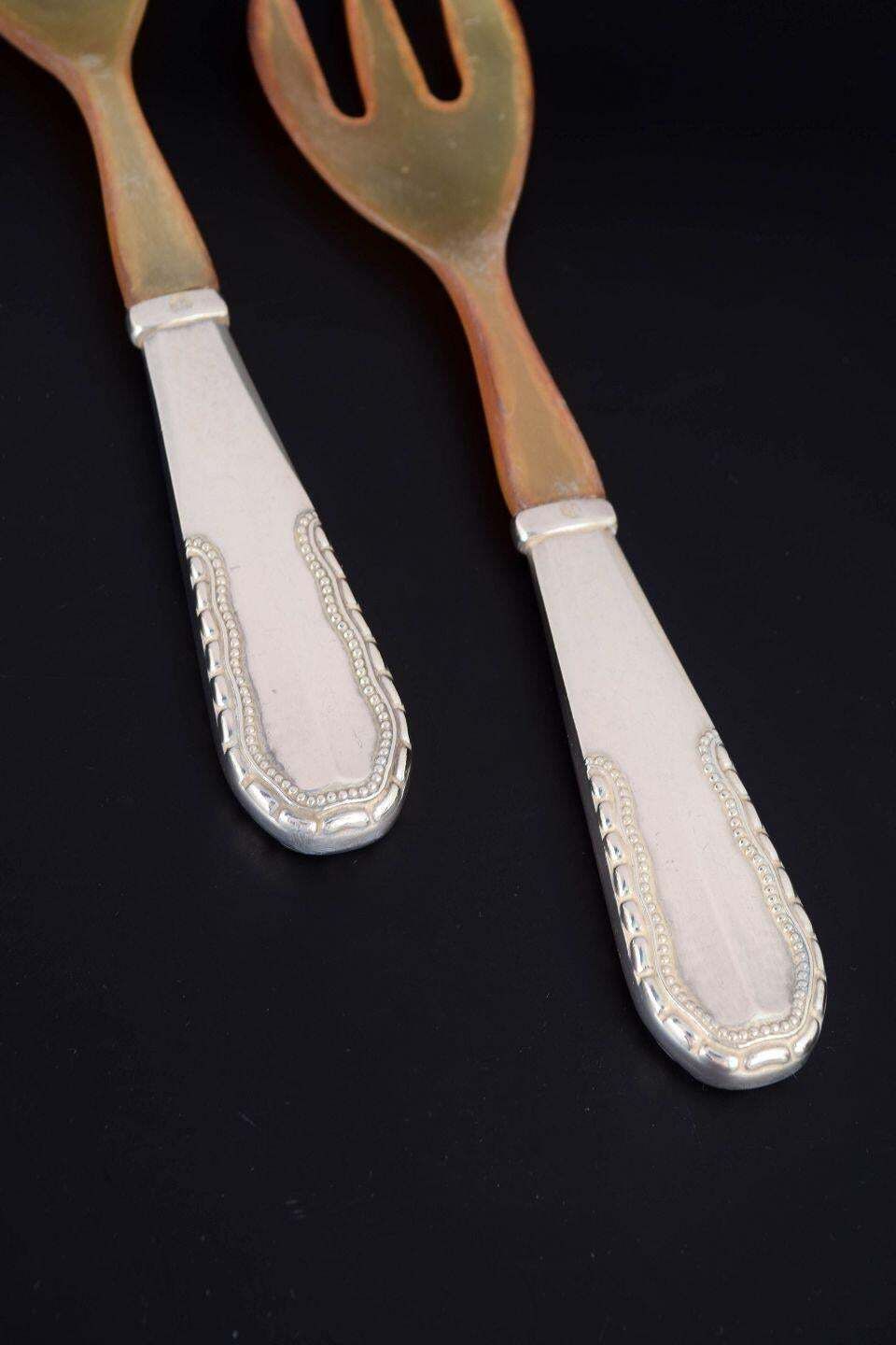 Couverts à salade Georg Jensen en argent et os, anses motif Viking. photo for sale