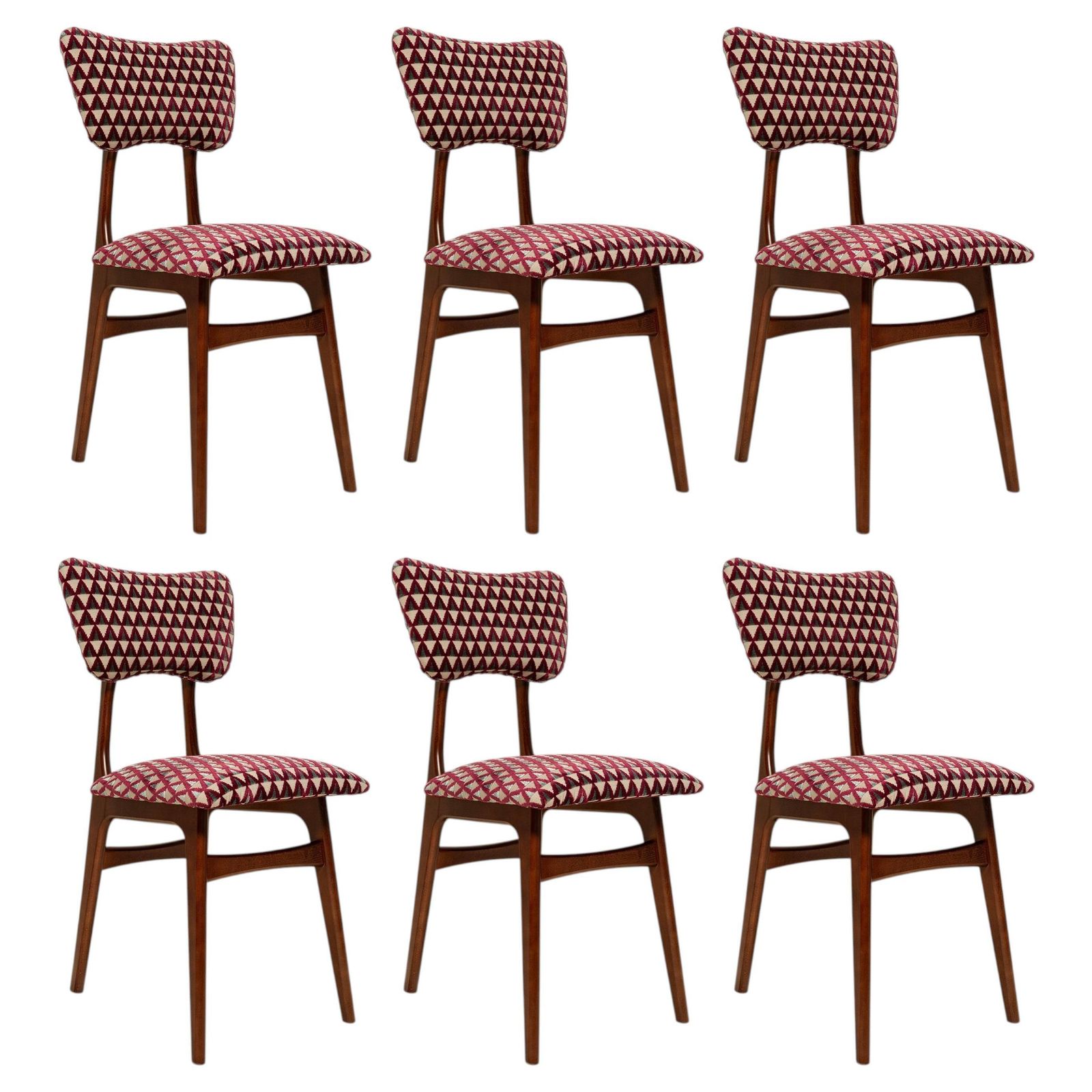 Set van zes Butterfly-stoelen, bordeauxrood fluweel Amuleto, Dedar, walnouthout, 1960
