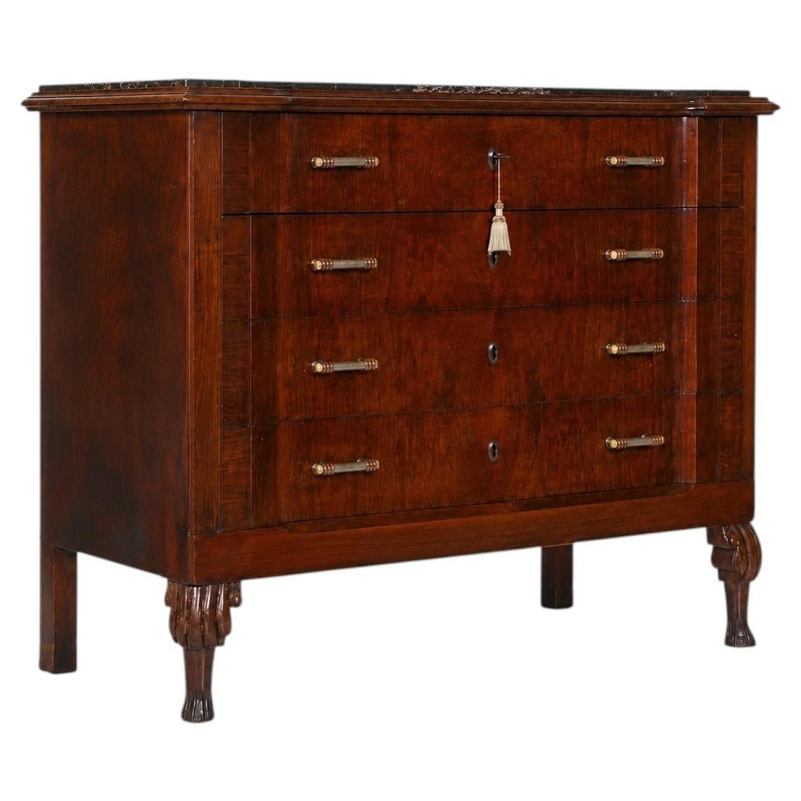 19e-eeuwse Italiaanse Venetiaanse Charles X mahonie commode met Portoro marmeren blad