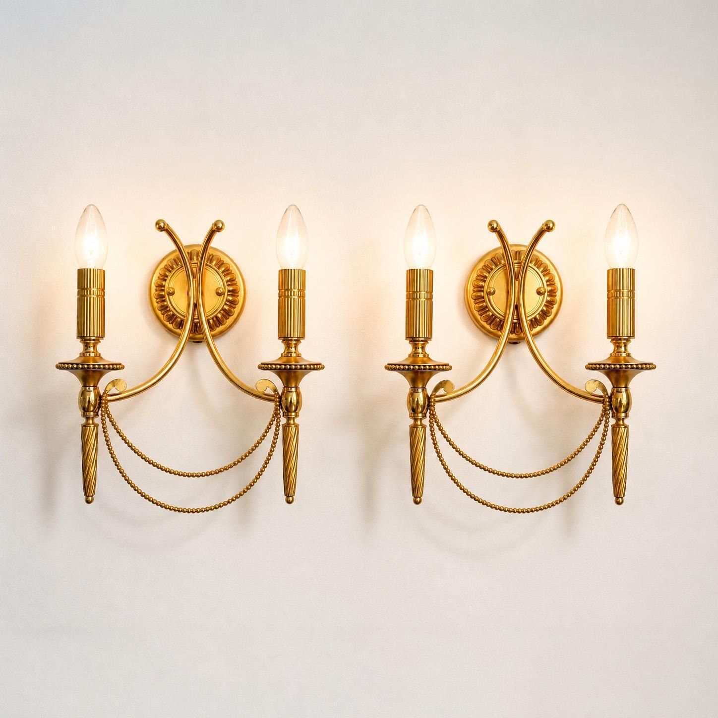 Vintage Pair Of Gaetano Sciolari Double Wall Sconces In Gilt Brass | Hollywood Regency, 1960/70s