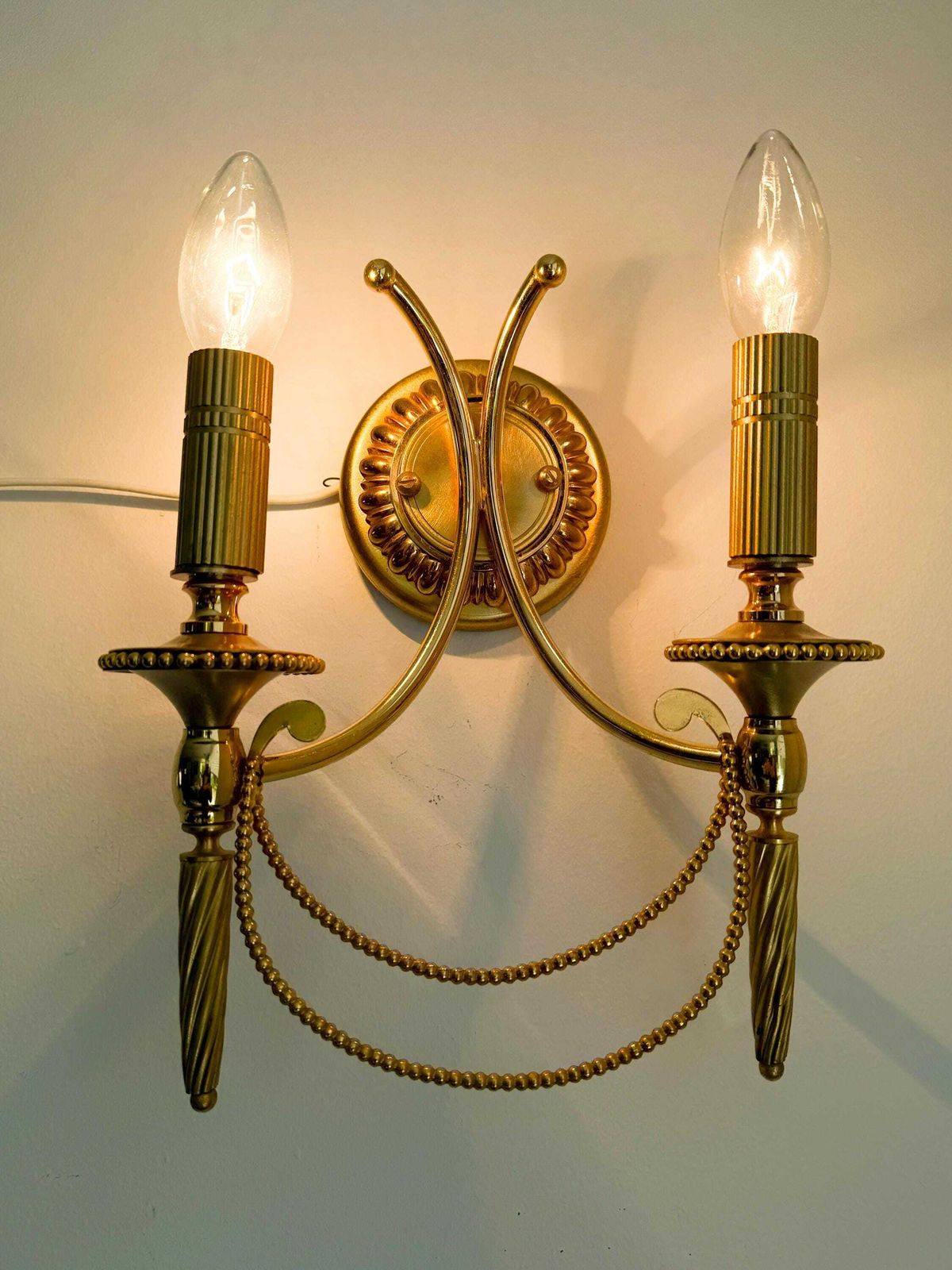 Vintage Pair Of Gaetano Sciolari Double Wall Sconces In Gilt Brass | Hollywood Regency, 1960/70s photo vintage