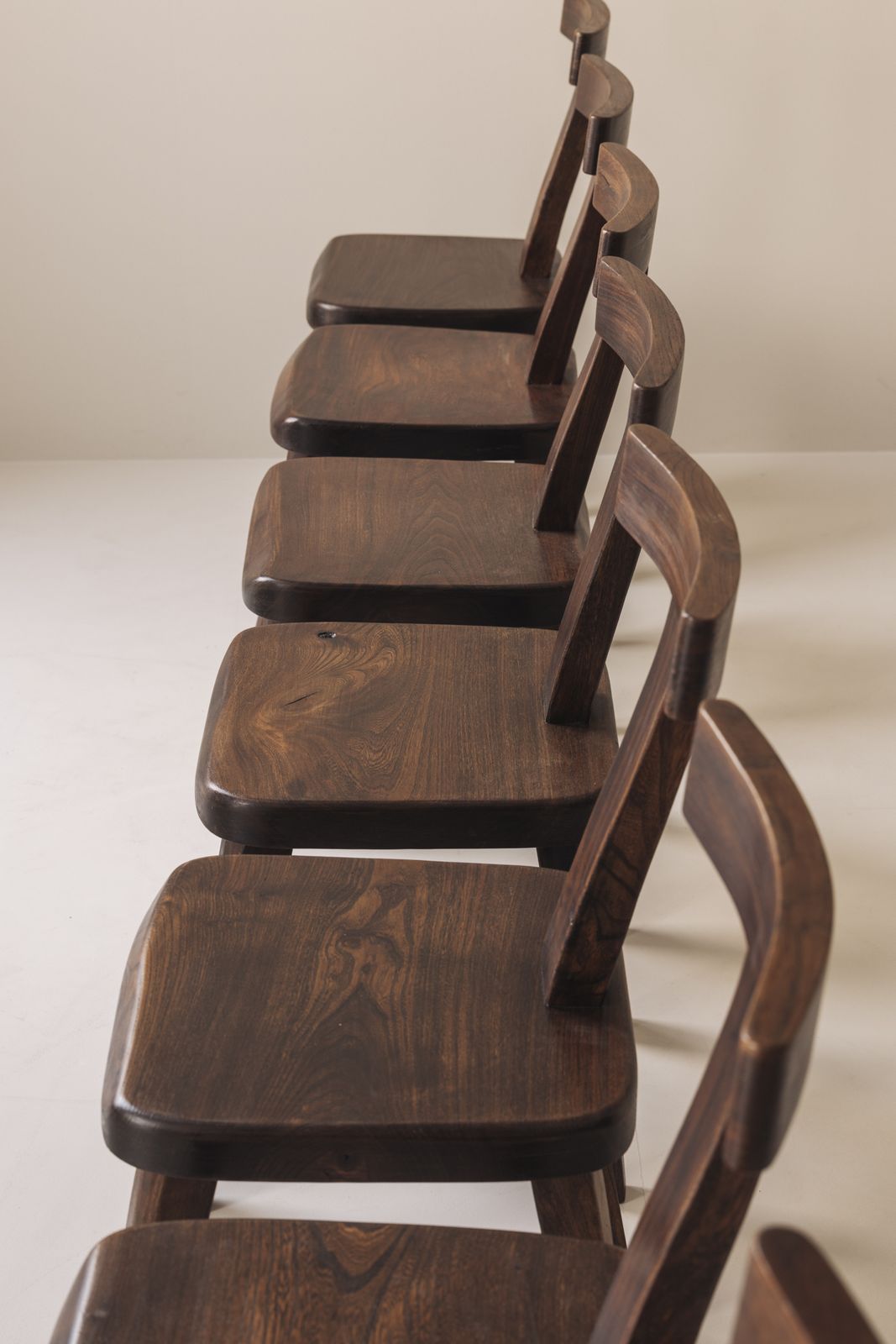 photo furniture Large Set Of 8 Brutalist Wooden T Chairs By Aranjou, France 1960s.