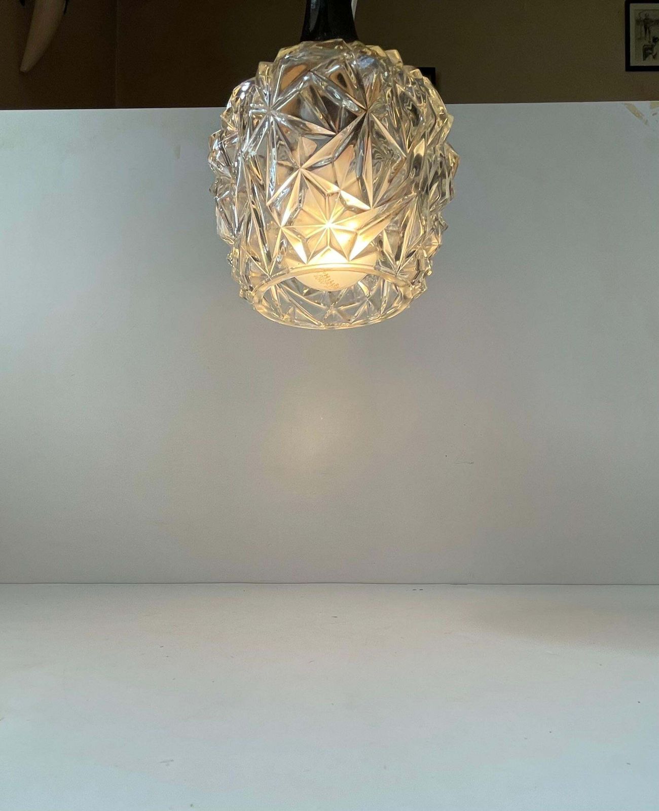 Small Vintage German Pendant Lamp In Pressed Glass & Crystal, 1970s photo for sale