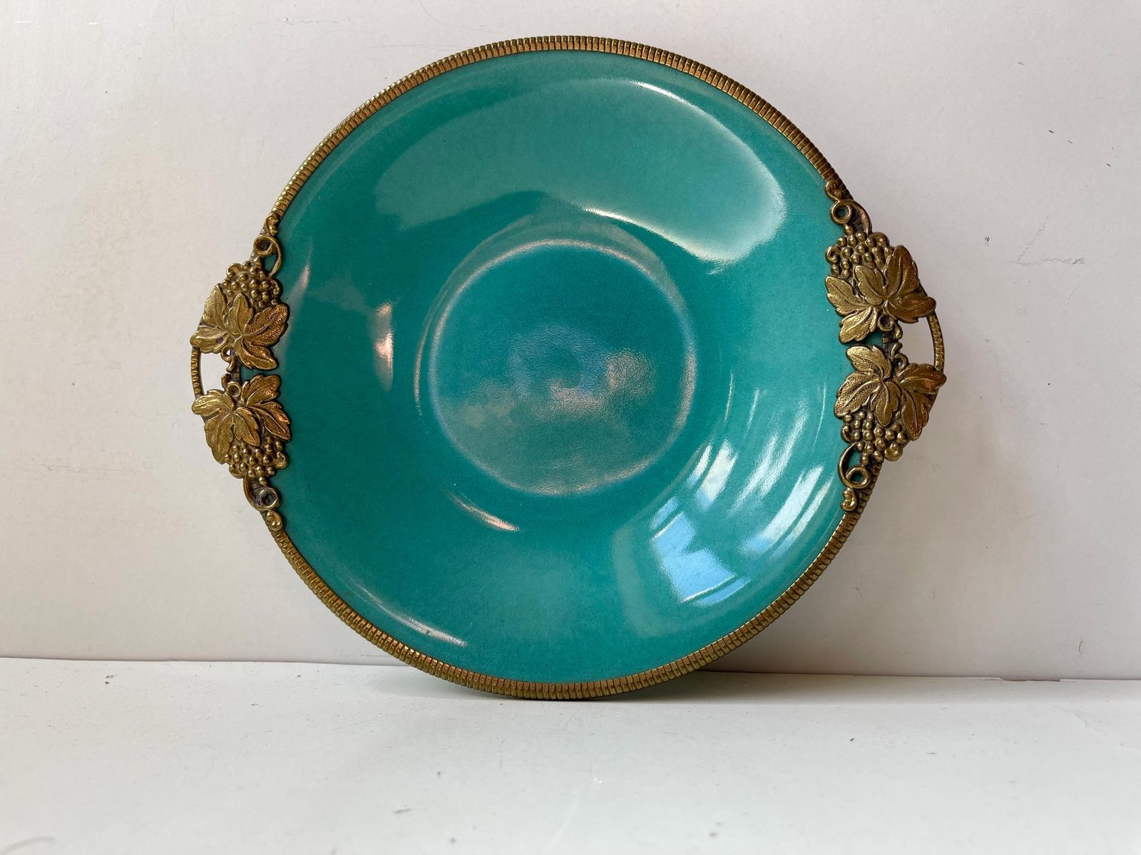 Christian Jensen Ceramic Art Deco Dish In Turquoise Green Glaze & Bronze 1930s photo 255.0