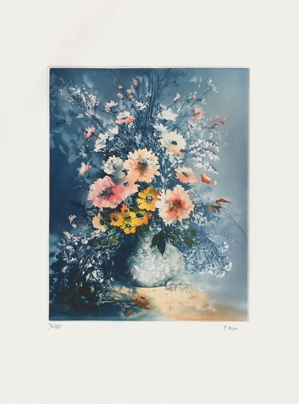 France Hilon, estampe signée Grand Bouquet D'été, 1990
