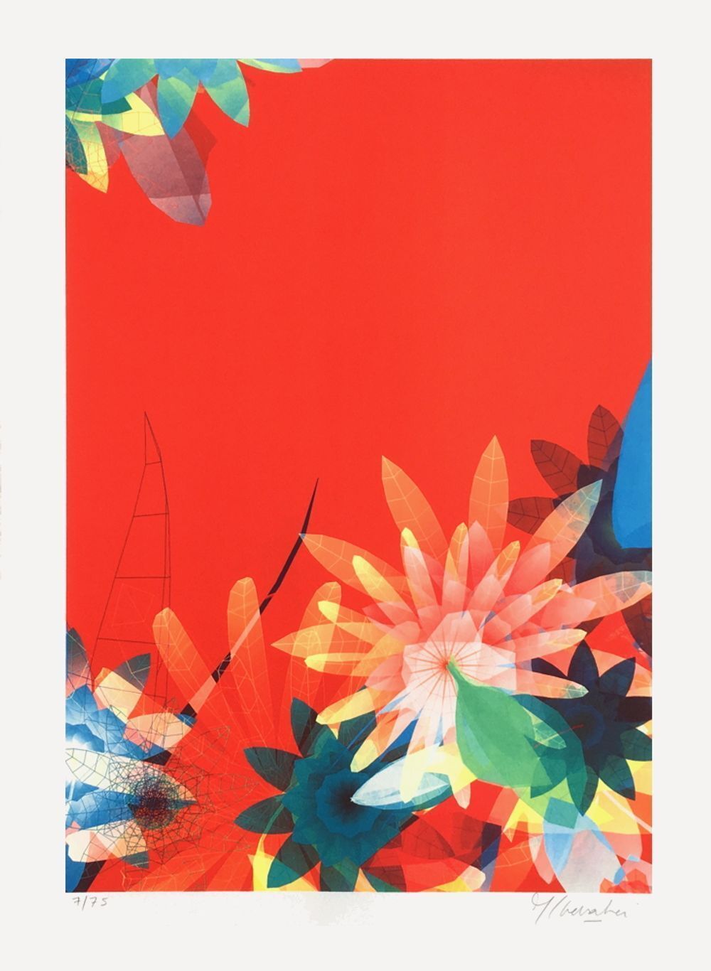 Lithographie signée Miguel Chevalier, Sur Nature Rouge, 2007