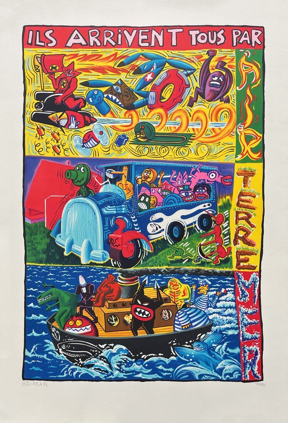 Lithographie signée Hervé Di Rosa, Ils arrivent tous par air mer terre, 1984