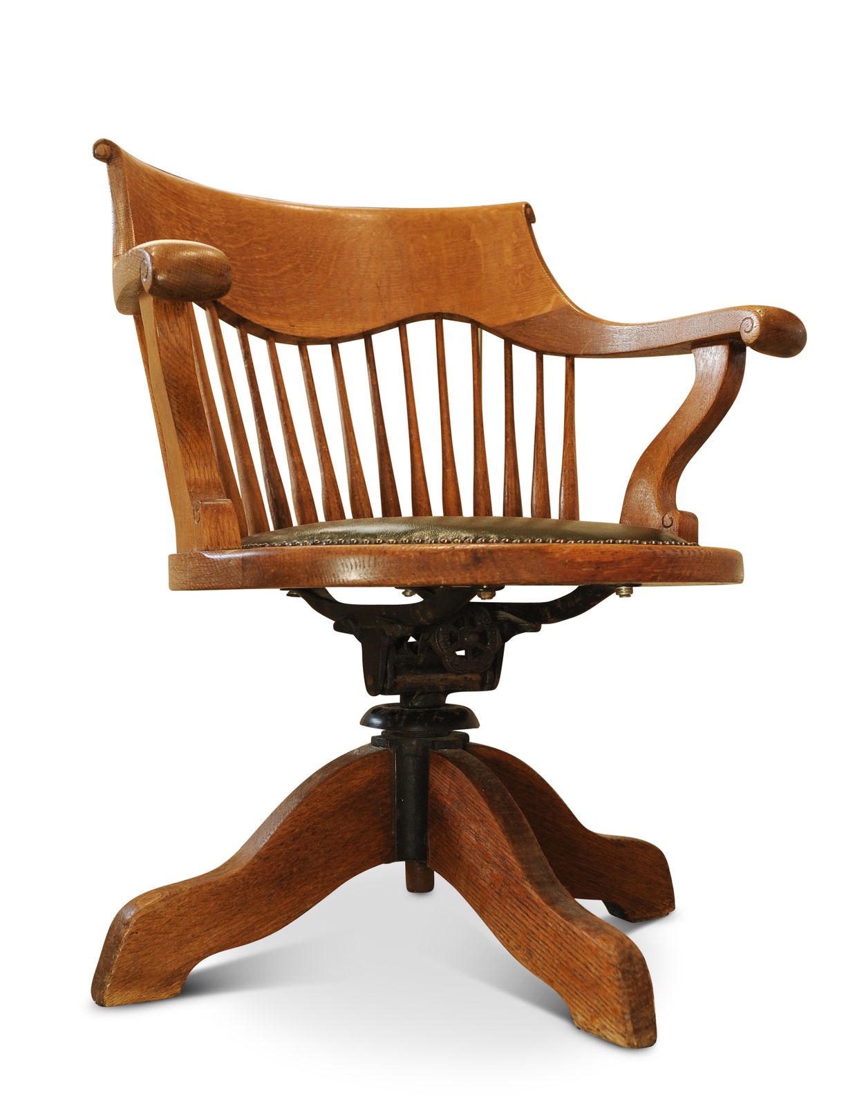 Victorian Oak Revolving Spindleback Desk Chair With Racing Green Leather Seat