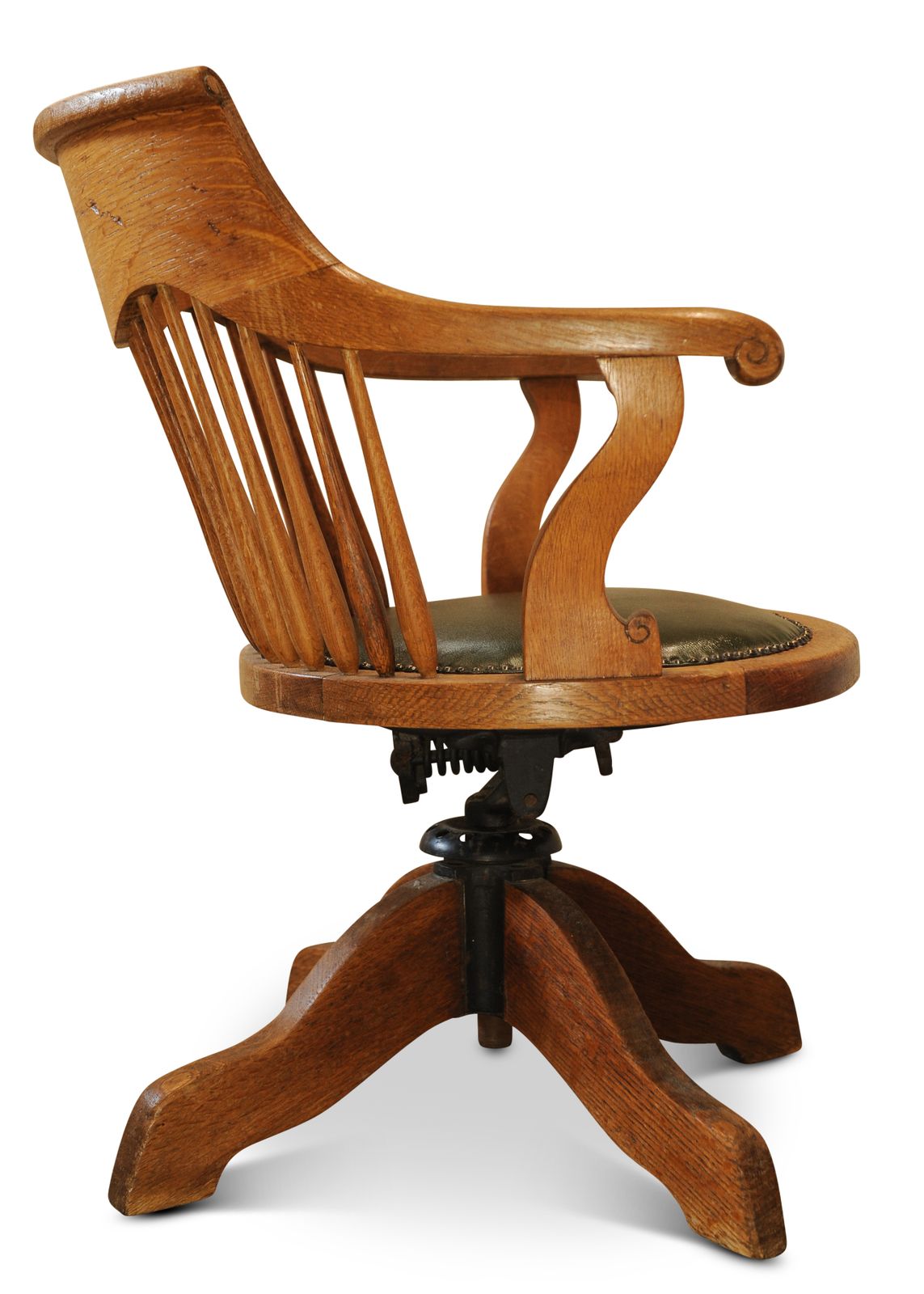 Victorian Oak Revolving Spindleback Desk Chair With Racing Green Leather Seat photo 1750.0