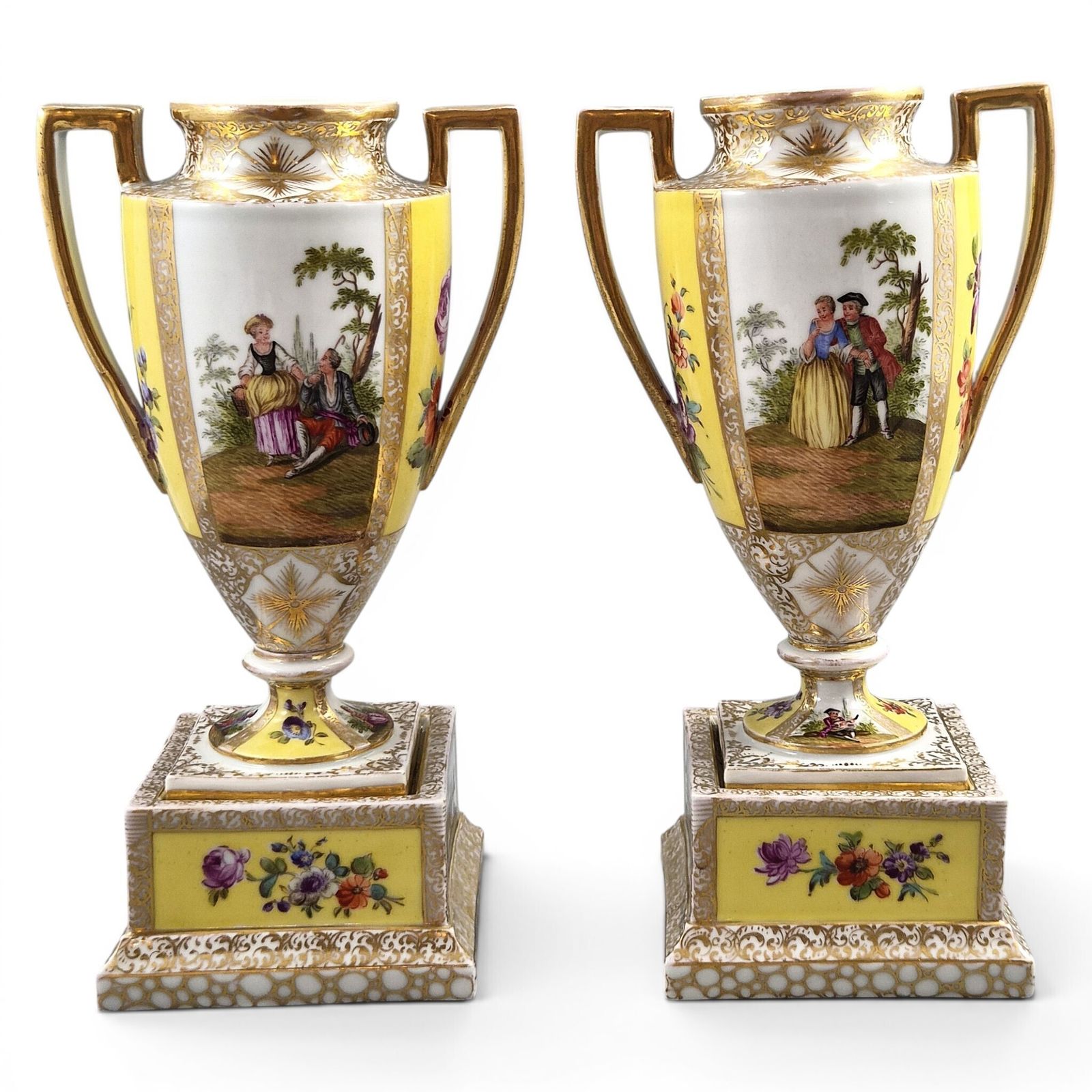 Helena Wolfsohn Royal Yellow Dresden Urns On Pedestals, C.1879 1883