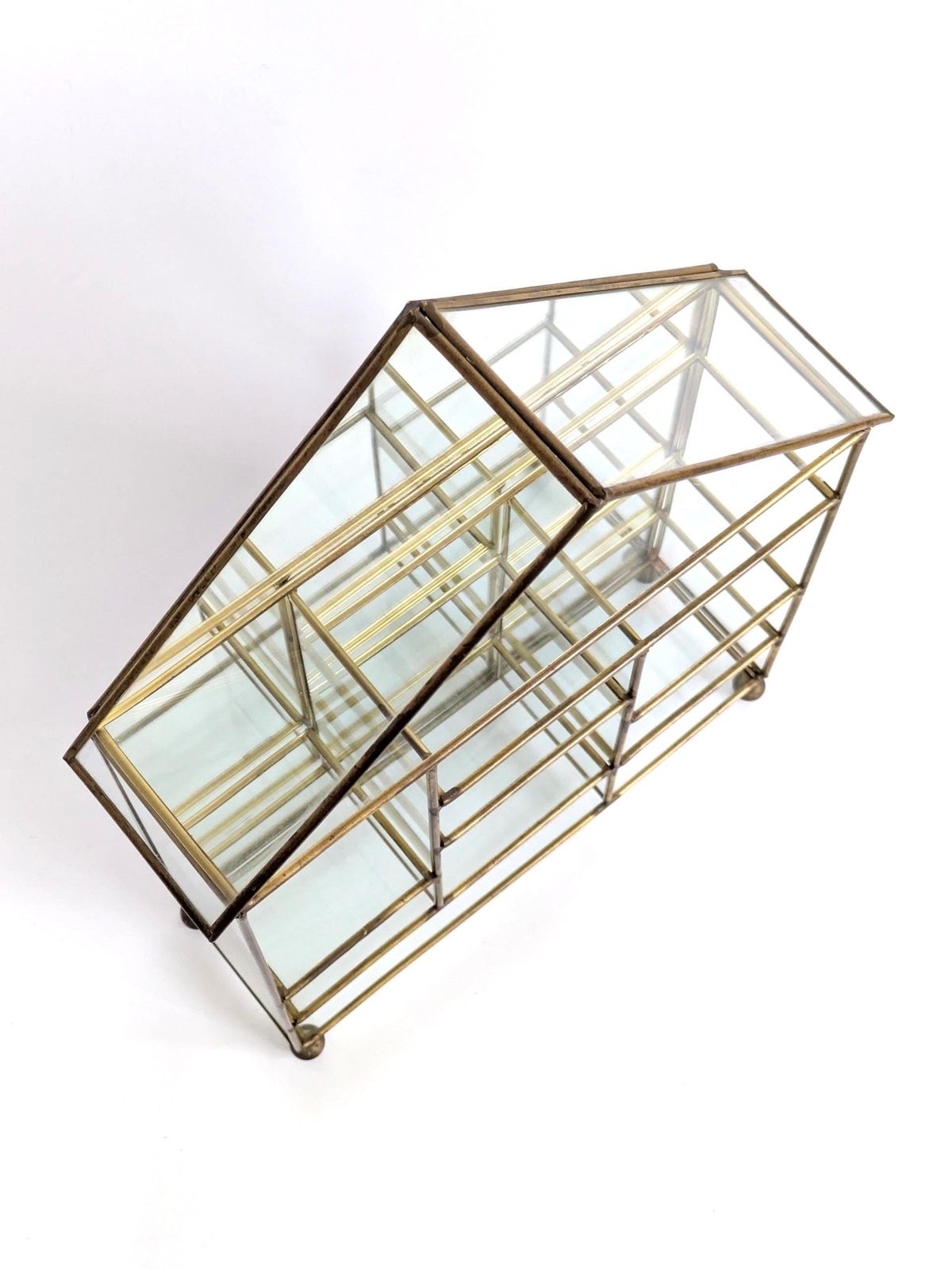 Vintage Brass Glass House Curio Display Shelf 10 Compartments Mirrored Back Accessories Shells Collection photo Furniture