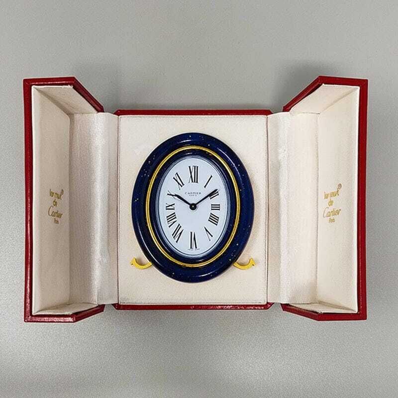 photo for sale Pendulette réveil Cartier Lapis Lazuli, années 1980, fabriquée en Suisse