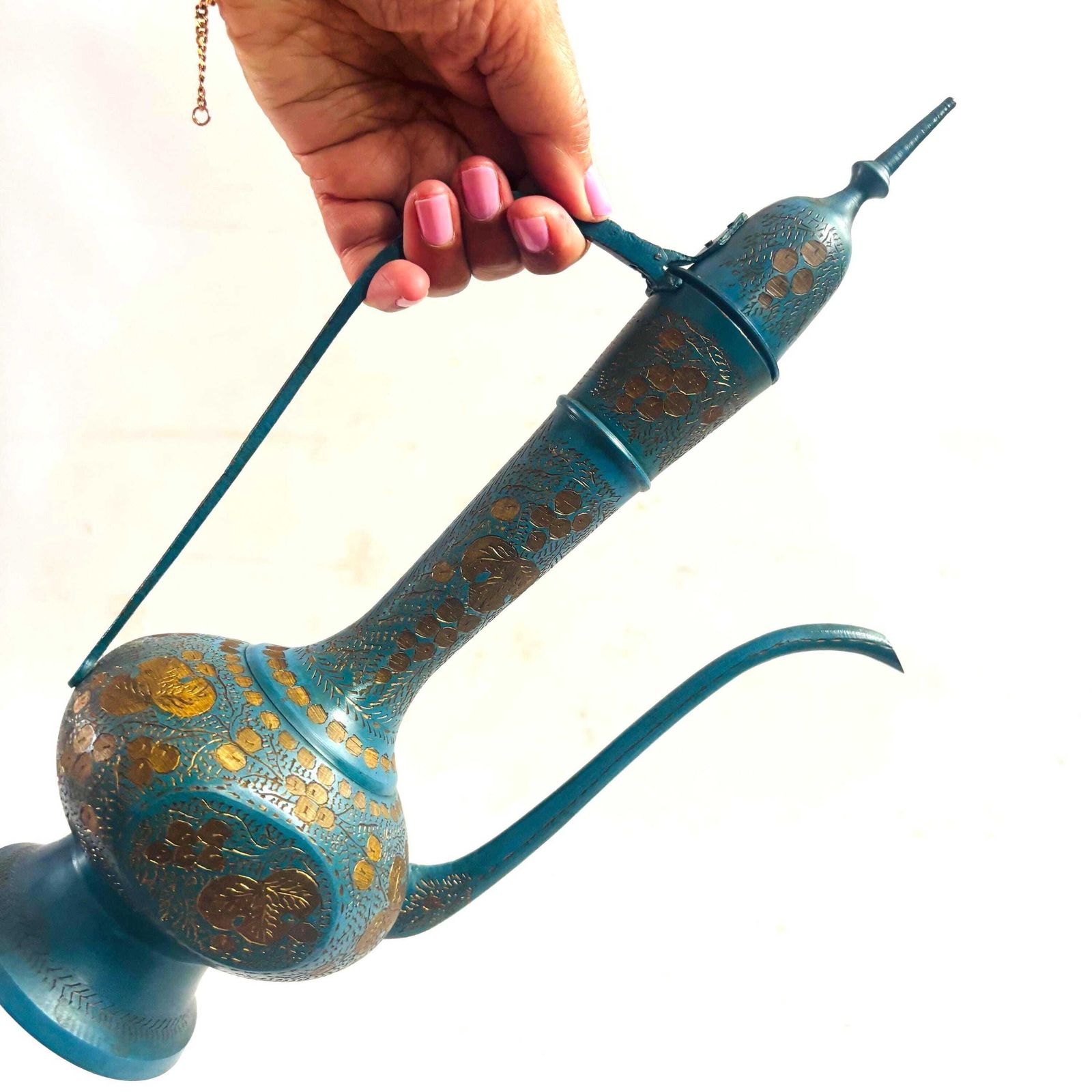 Vintage Indische geëmailleerde messing Aftaba-ewer uit de jaren 1960, teal en goud
