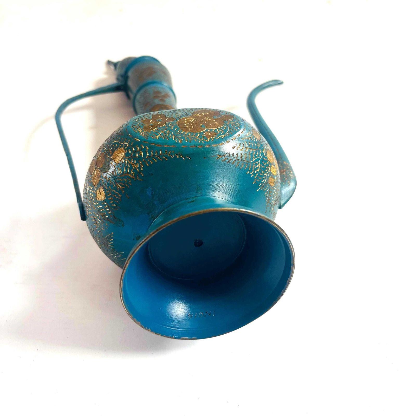 Woonaccessoires Vintage Indische geëmailleerde messing Aftaba-ewer uit de jaren 1960, teal en goud photo