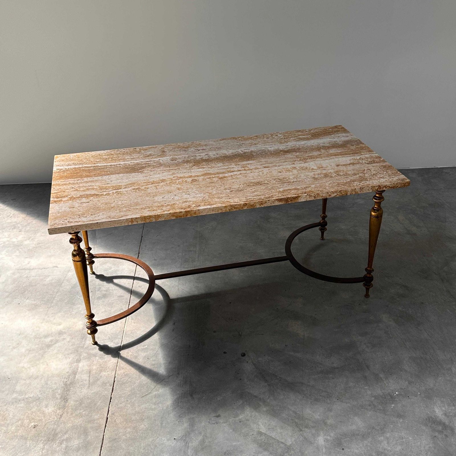 Elegant Travertine Coffee Table With Brass Base, 1970s