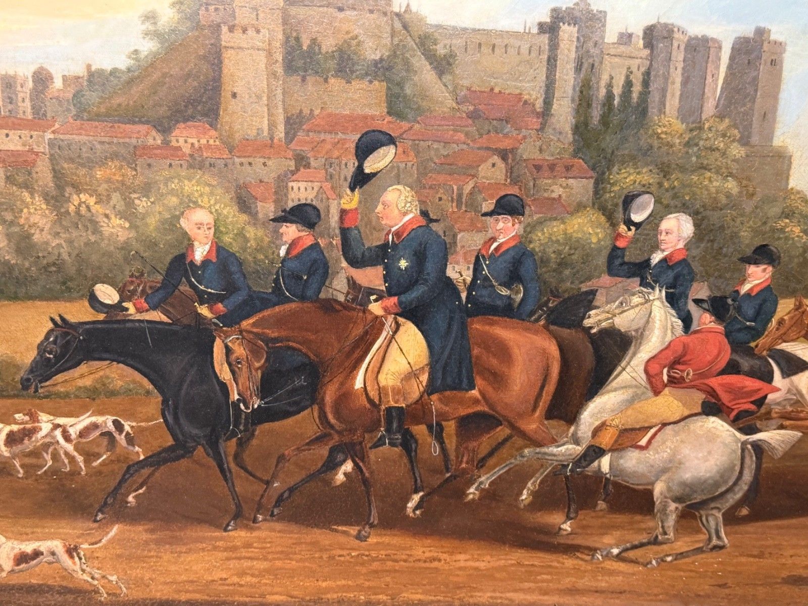 Groot schilderij, 19e eeuw, olieverf, Koning George III terugkerend van de jacht, Windsor Castle op de achtergrond, naar James Pollard photo Kunst