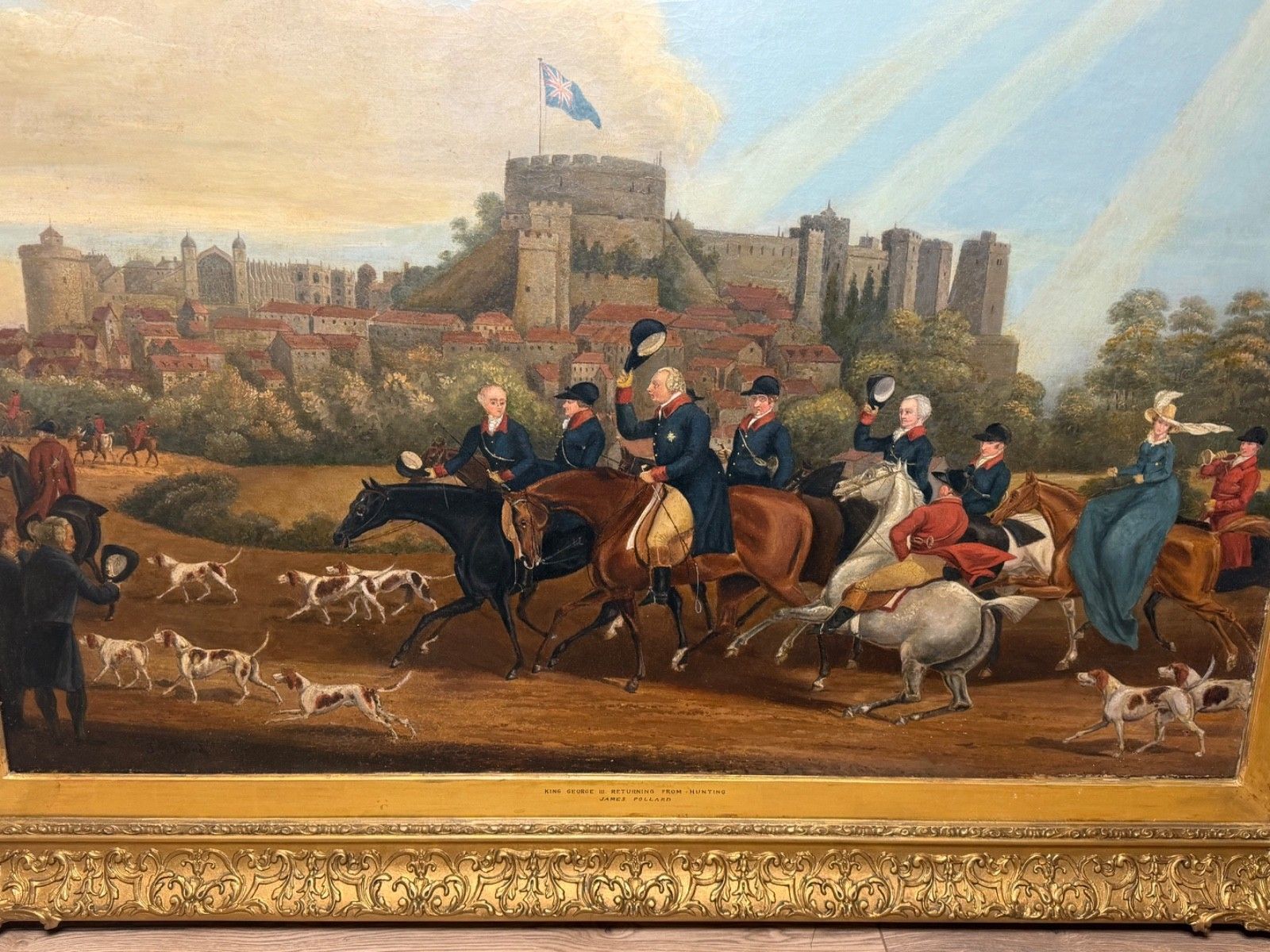 Groot schilderij, 19e eeuw, olieverf, Koning George III terugkerend van de jacht, Windsor Castle op de achtergrond, naar James Pollard photo buy