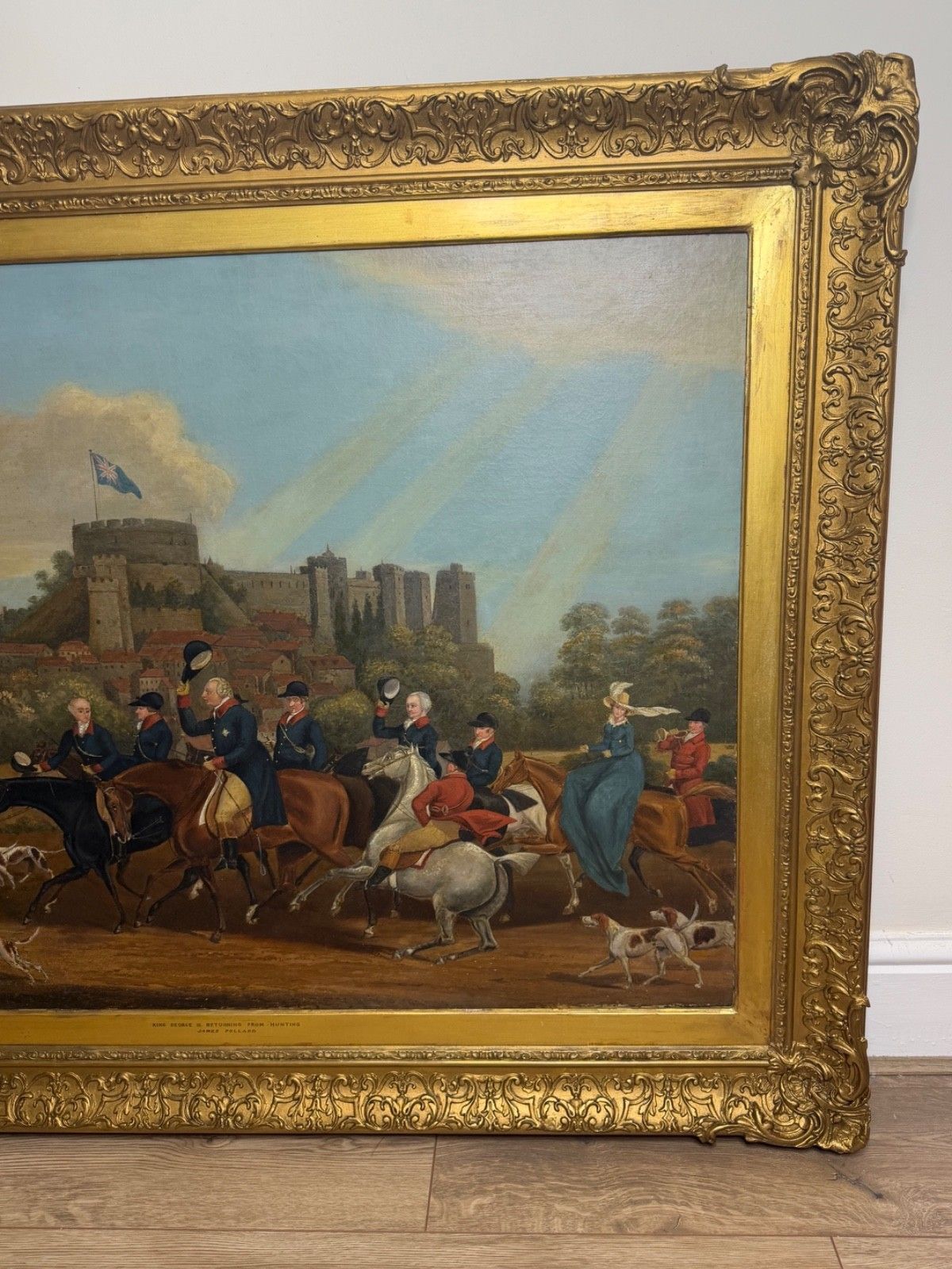 photo for sale Groot schilderij, 19e eeuw, olieverf, Koning George III terugkerend van de jacht, Windsor Castle op de achtergrond, naar James Pollard