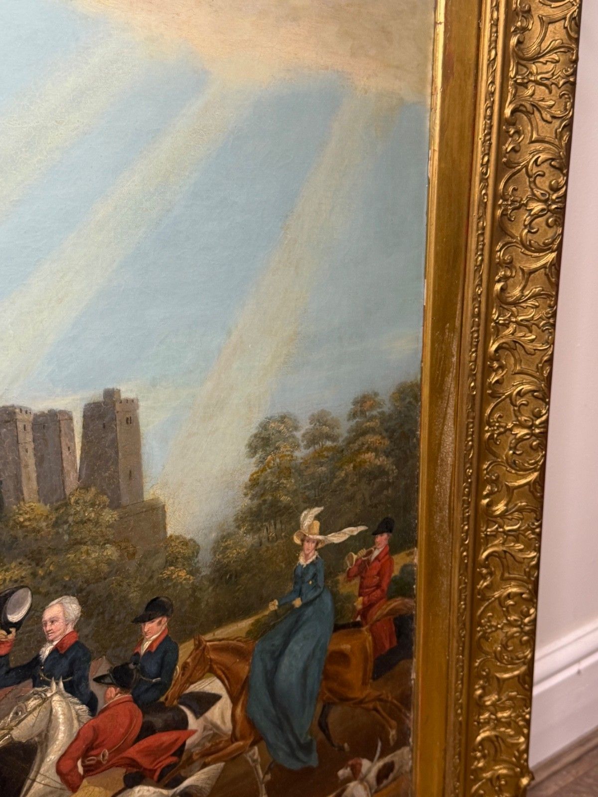 photo vintage Groot schilderij, 19e eeuw, olieverf, Koning George III terugkerend van de jacht, Windsor Castle op de achtergrond, naar James Pollard