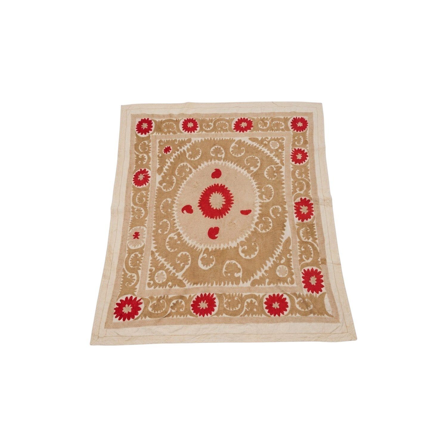 Vintage geborduurd neutraalbeige suzani uit Azië 130 x 153 cm