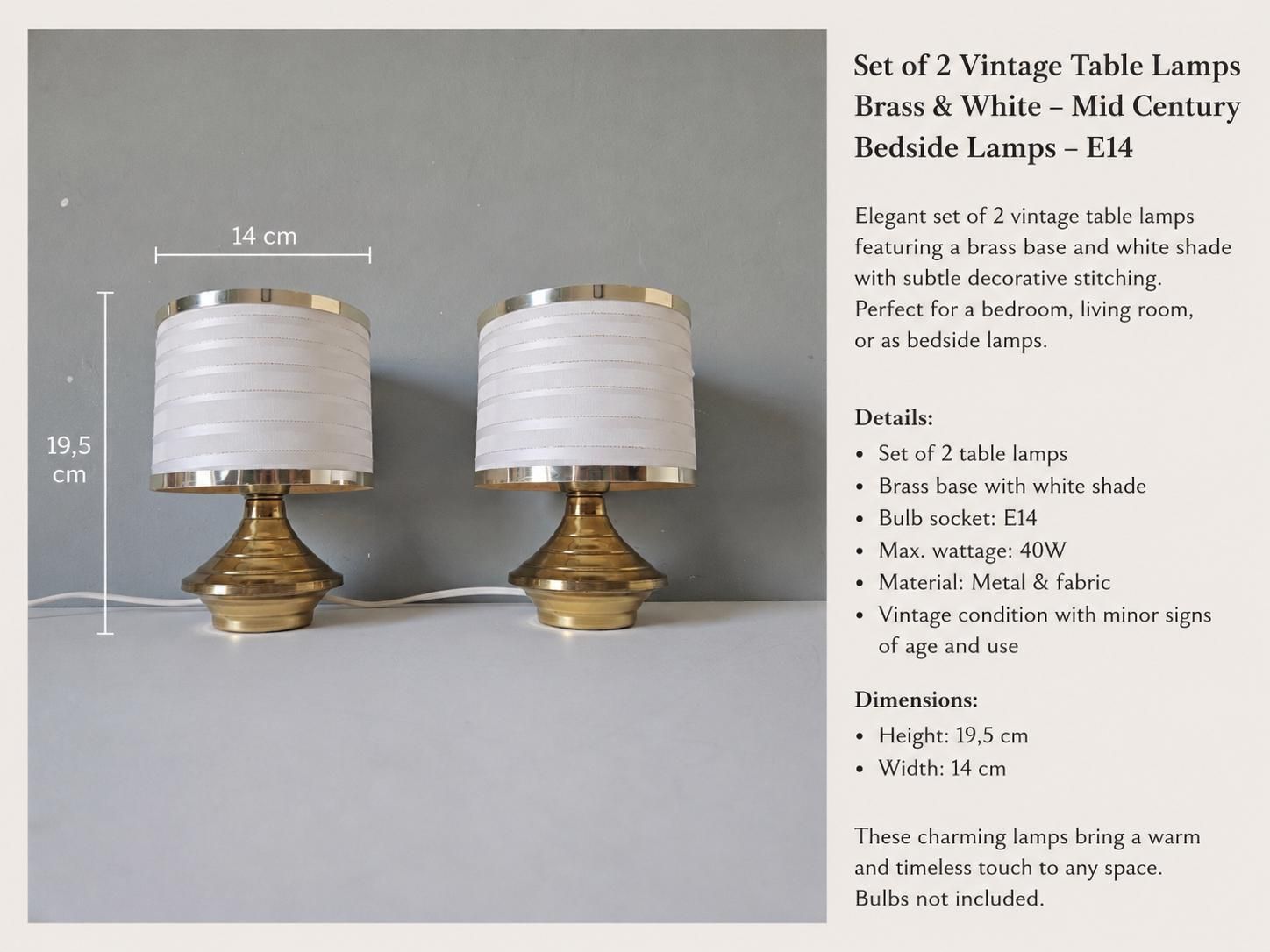 Set van 2 vintage messing tafellampen – Mid-Century nachtkastlampen – witte stoffen kappen photo furniture