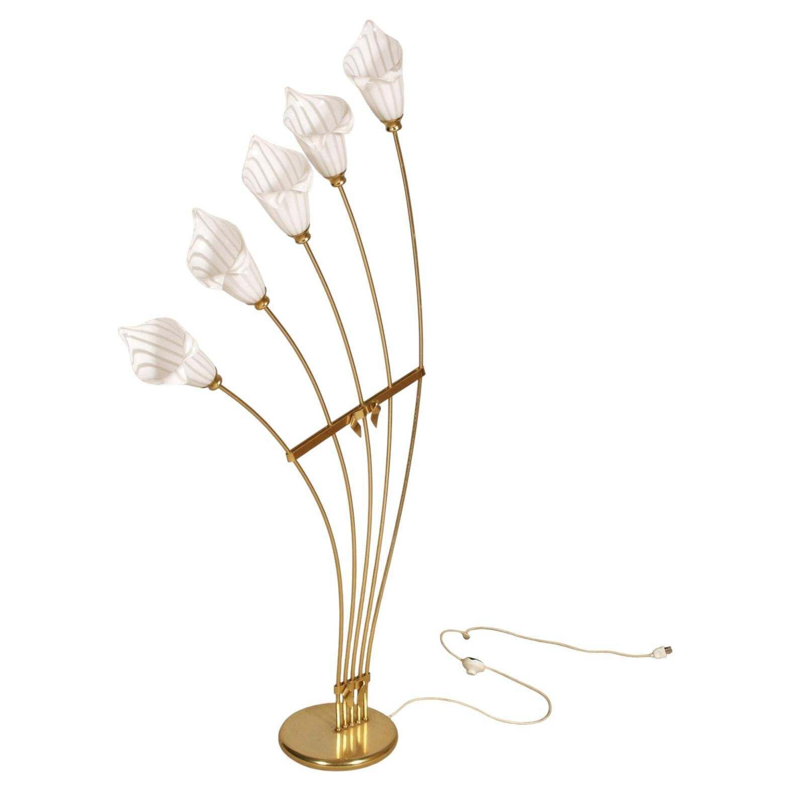 Angelo Lelli Attributed Arredoluce Monza Brass Floor Lamp With Murano Glass Shades, Italy