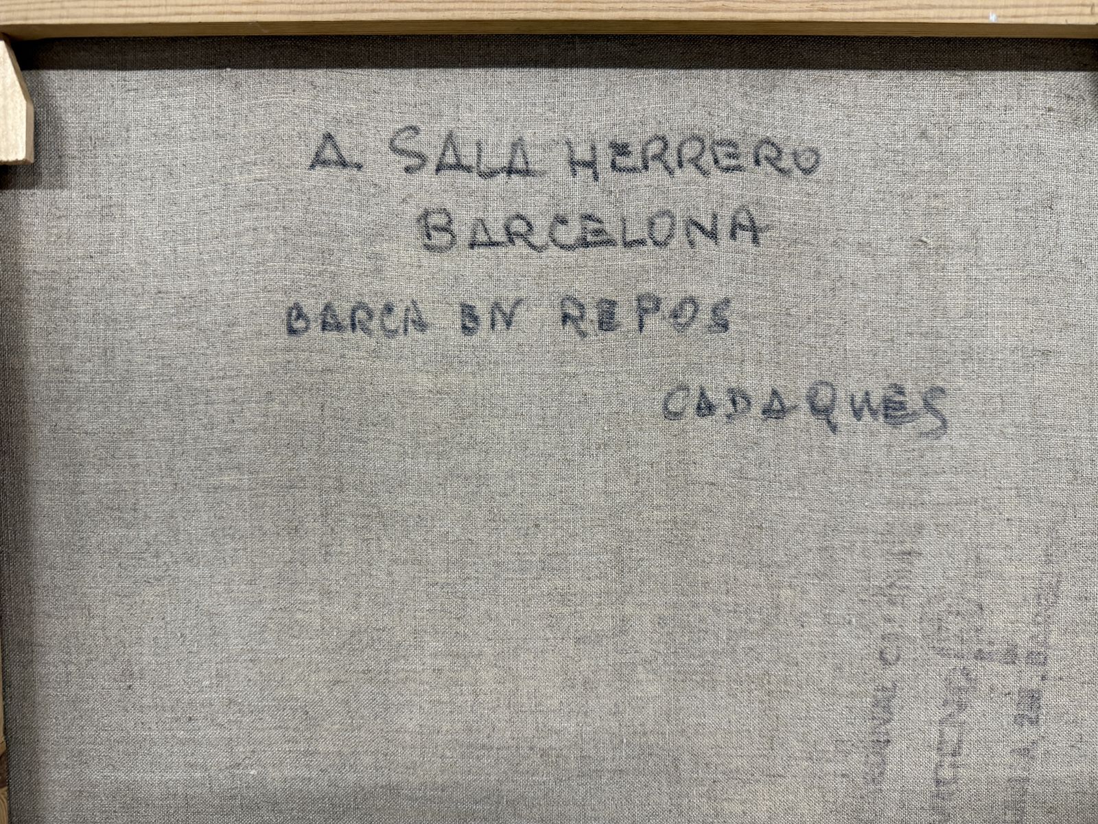 Antonio Sala Herrero, Crique méditerranéenne tranquille avec barque, Cadaqués, peinture à l'huile côtière, art espagnol, années 1980 photo vintage
