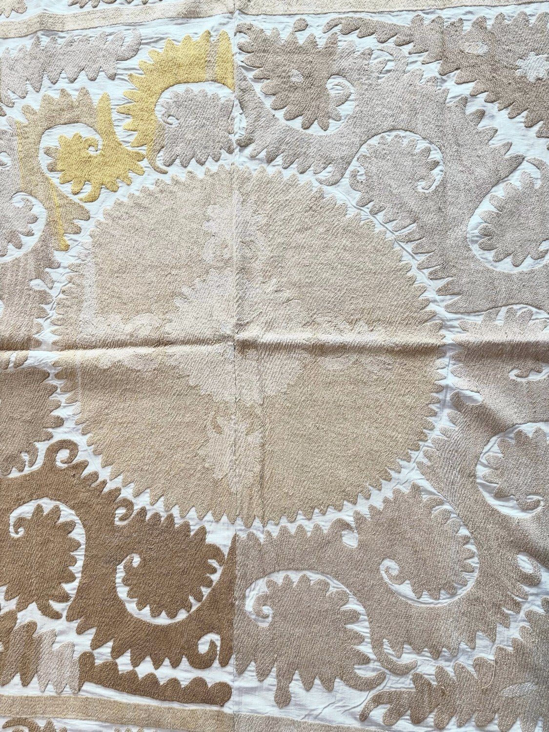 Suzani Wall Decor — Neutral Tan Uzbek Tablecloth, 137 X 147 Cm photo for sale