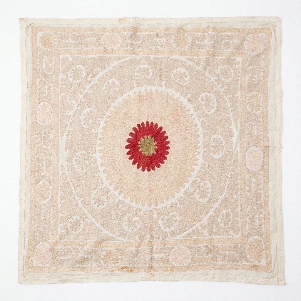 Handmade Neutral Tan Suzani From Tashkent 140 X 140 Cm