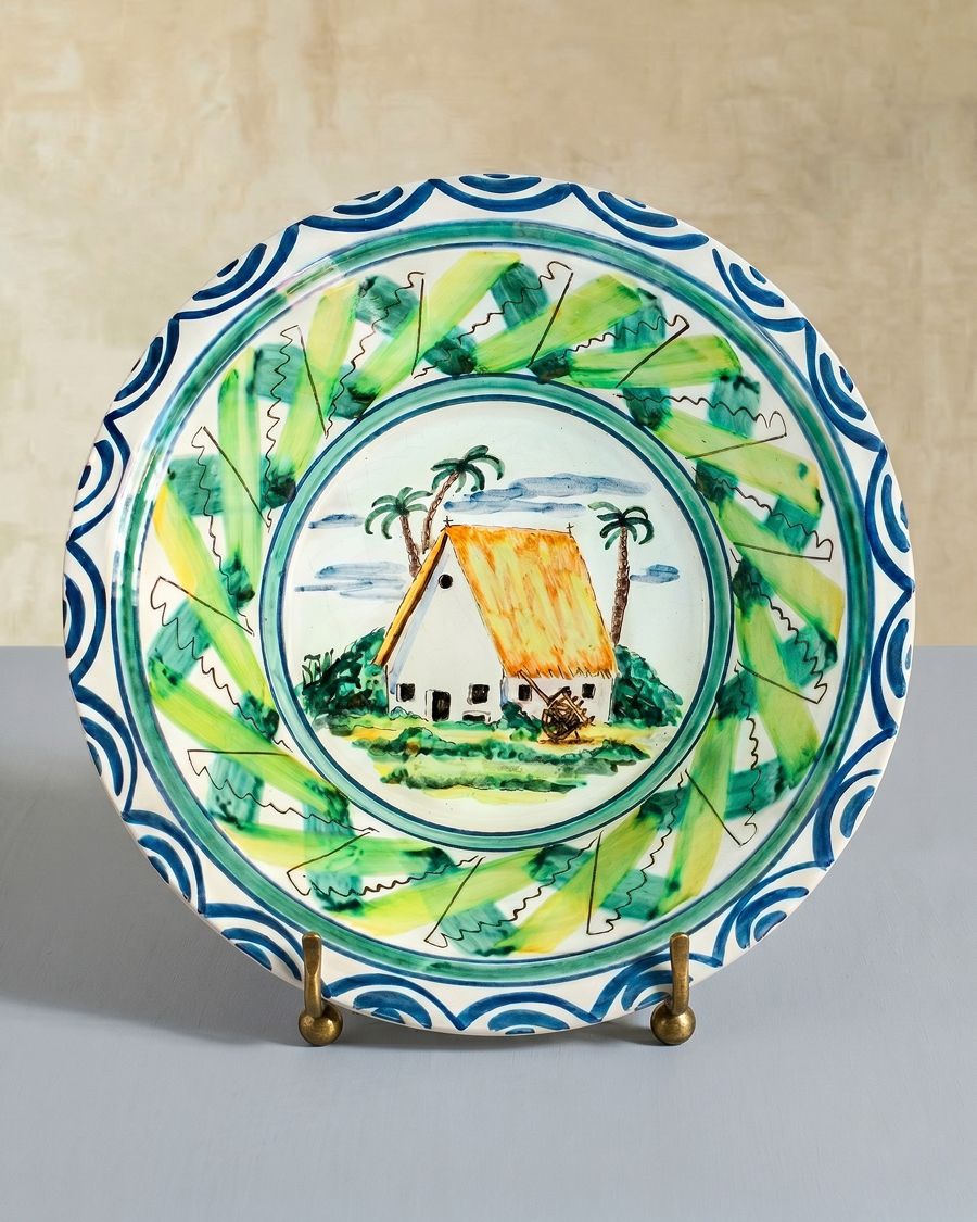 Large Vintage Hand Painted Italian Ceramic Bowl With A House And Palm Trees