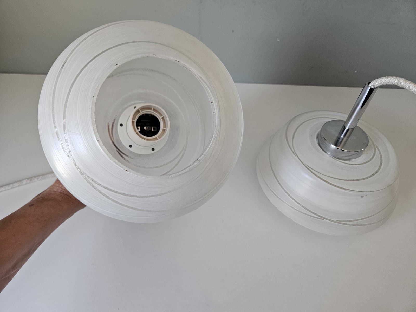 Pair Of Vintage Pendant Light | Mid Century Frosted Glass Hanging Lamps | Kitchen Island Lights photo vinterior