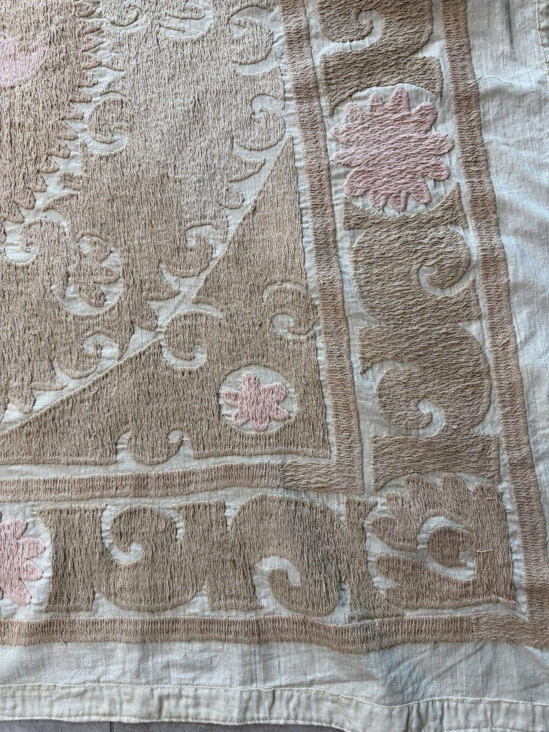 Handcrafted Bukhara Suzani Wall Hanging   Beige Tan Pink Ethnic Embroidered Cotton Tapestry 130 X 153 Cm photo for sale