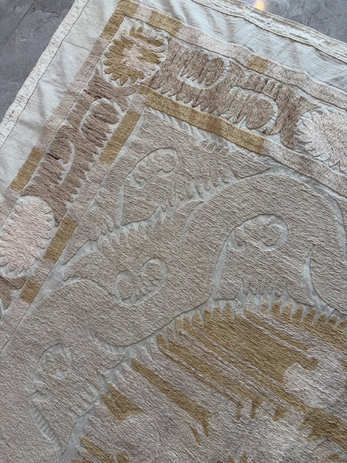 Handcrafted Bukhara Suzani Wall Hanging   Ivory Gray Neutral Ethnic Embroidered Cotton Tapestry 144 X 147 Cm photo buy