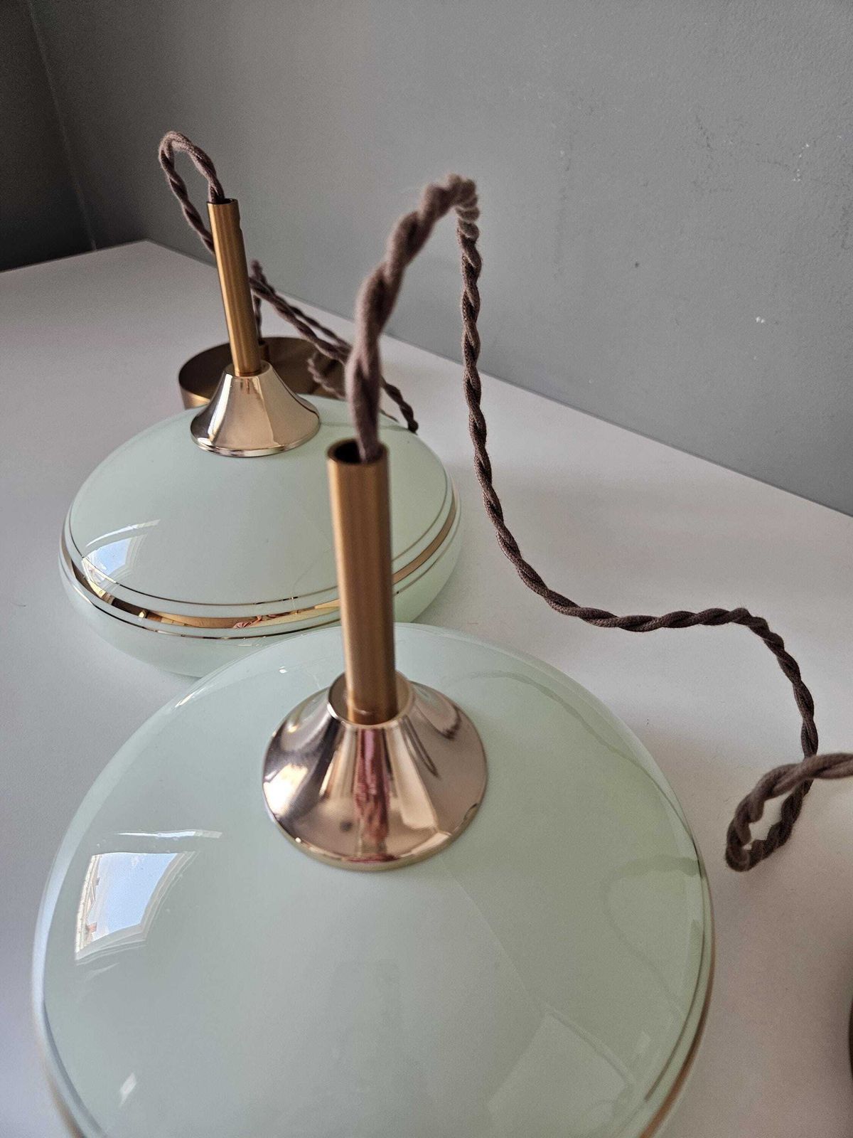Set Of 2 Vintage Mint Green Glass Pendant Light, Mid Century Brass Accents photo furniture