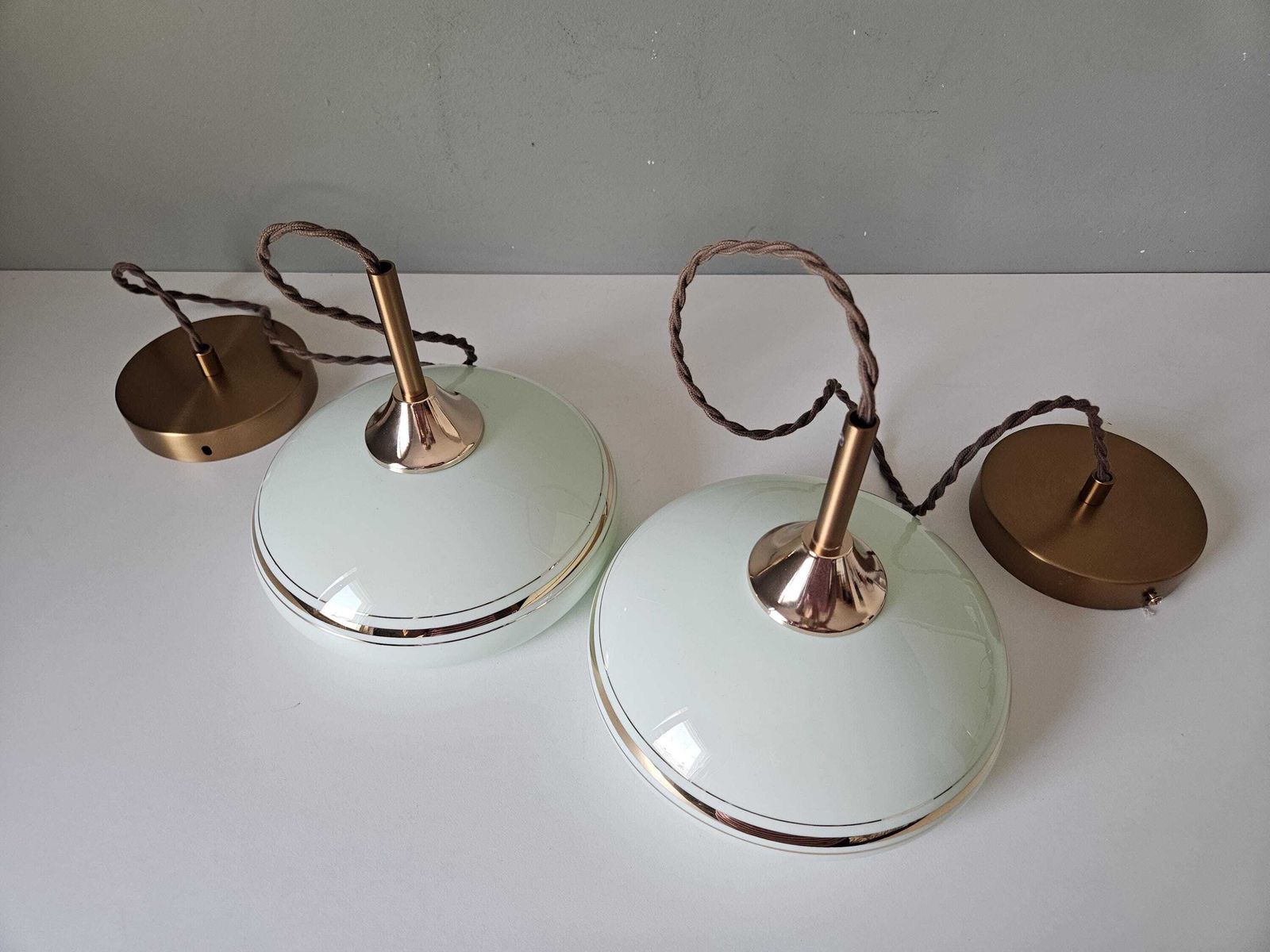Set Of 2 Vintage Mint Green Glass Pendant Light, Mid Century Brass Accents photo 300.0