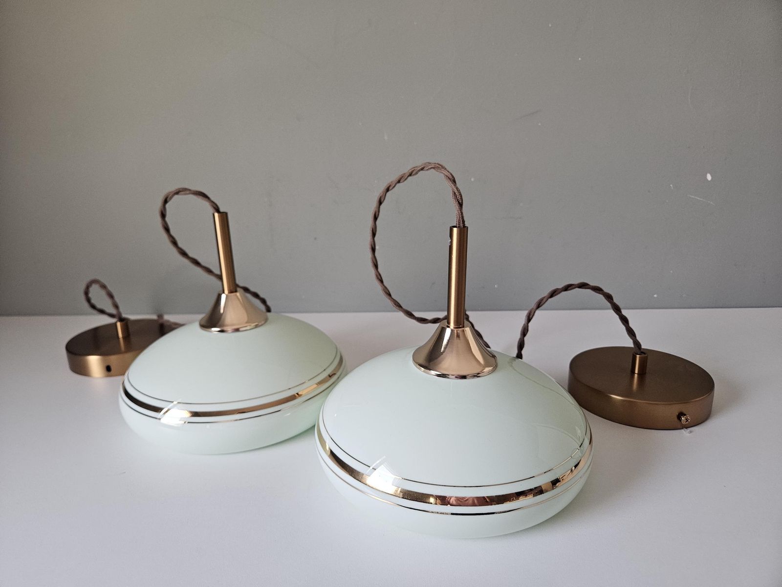 Set Of 2 Vintage Mint Green Glass Pendant Light, Mid Century Brass Accents photo buy