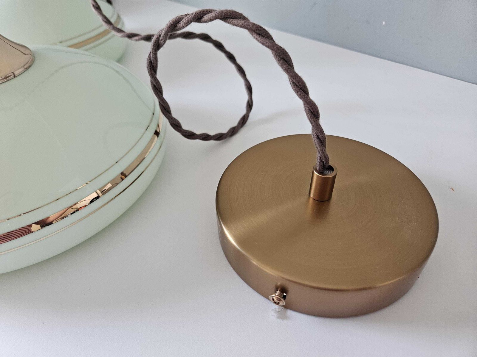 Set Of 2 Vintage Mint Green Glass Pendant Light, Mid Century Brass Accents photo vintage