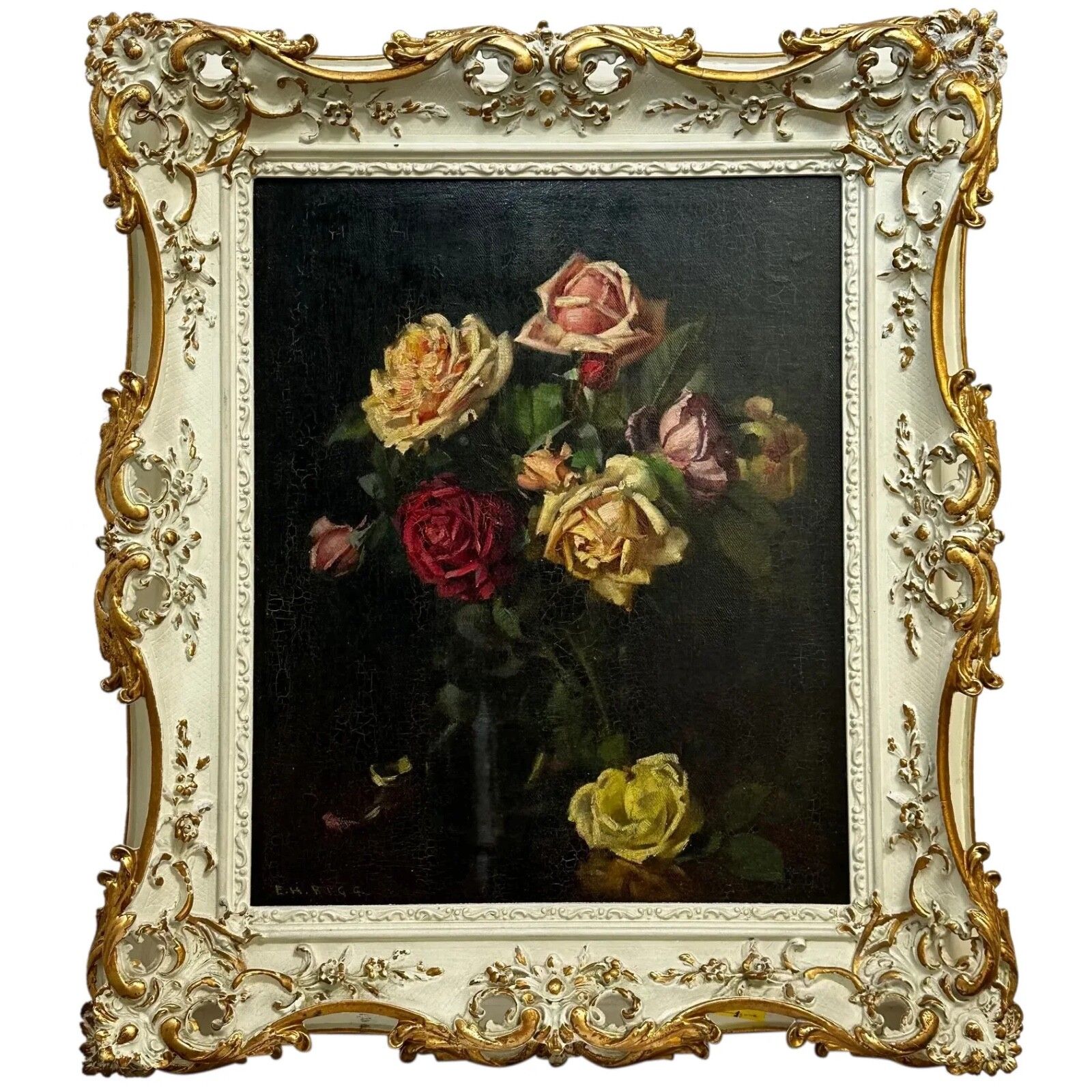 Brits schilderij begin 20e eeuw, olieverf, stilleven met bloemen, tuinrozen, gesigneerd Ernest Higgins Rigg