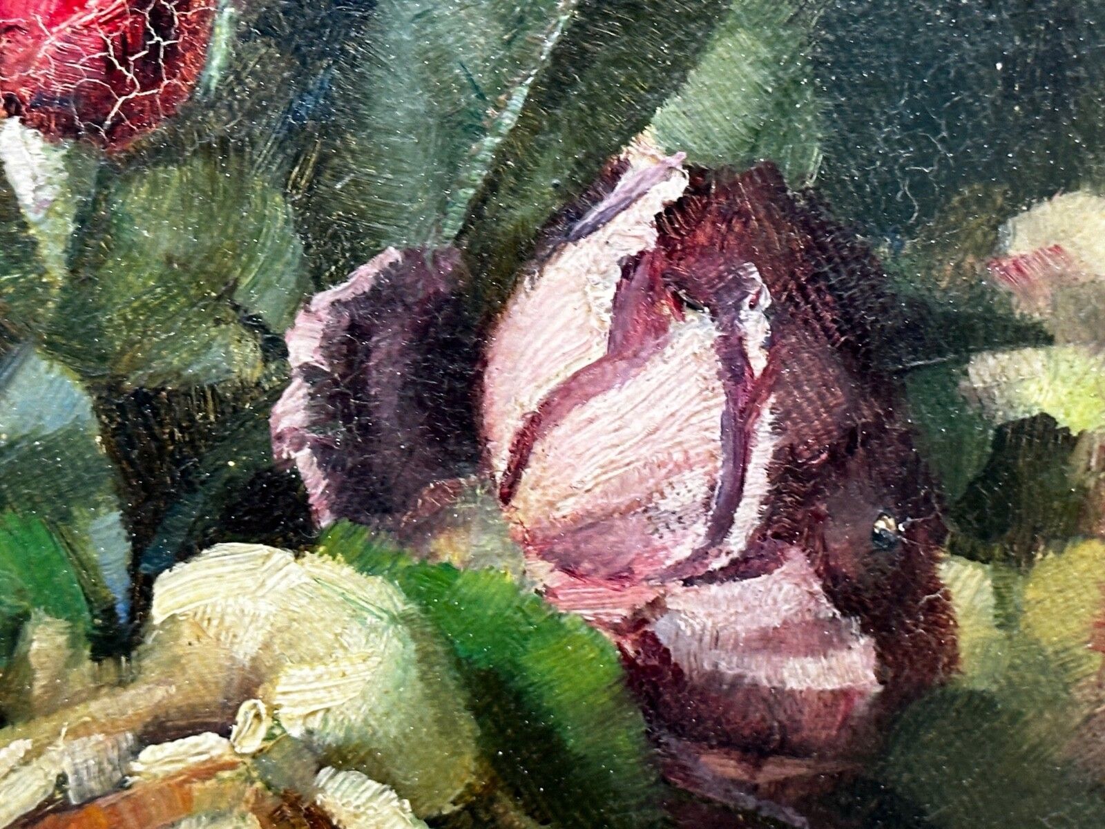 photo vinterior Brits schilderij begin 20e eeuw, olieverf, stilleven met bloemen, tuinrozen, gesigneerd Ernest Higgins Rigg